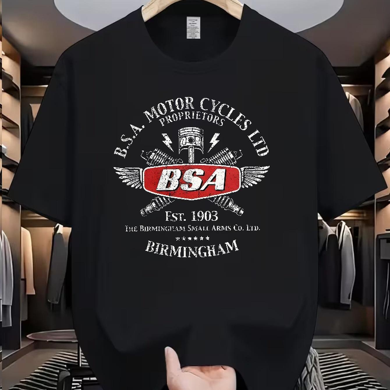 TEMU Vintage Print Bsa Motorcycle Pattern T-shirt, Unisex Loose Breathable Casual Top, Trendy Individual Daily Comfortable Short Sleeve
