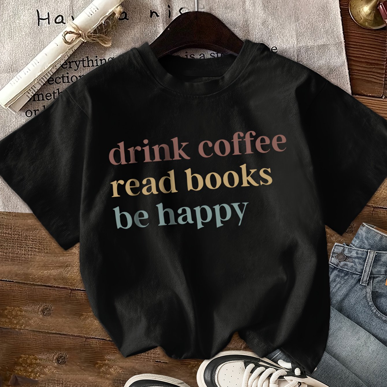 TEMU T-shirt à manches courtes et col rond avec un imprimé de café en lettres anglaises