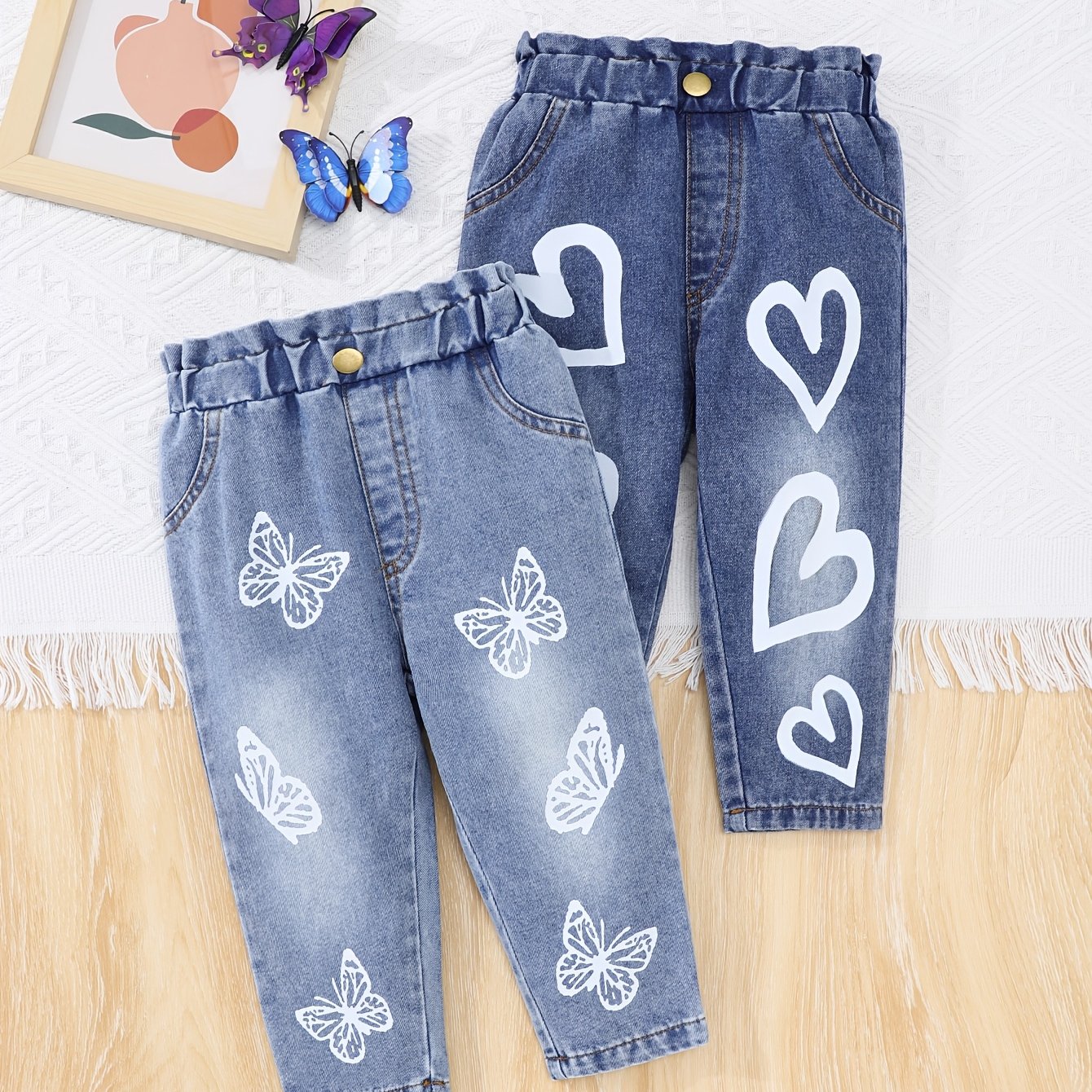 Image of 2pcs Baby Girls Spring Summer Print Denim Pants Outdoor Street Fashion Casual Jeans Long Pants
