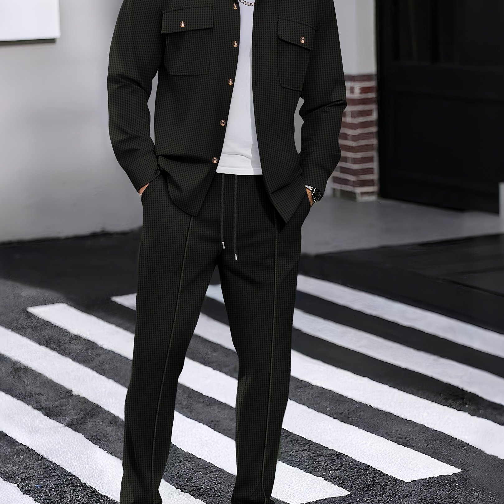 Men'-piece Set, Autumn-winter Casual Fashion Beach Dual Pocket Turn Collar Long Sleeve Shirt + Trousers Outfit For Fall/winter Hawaiian Vacation