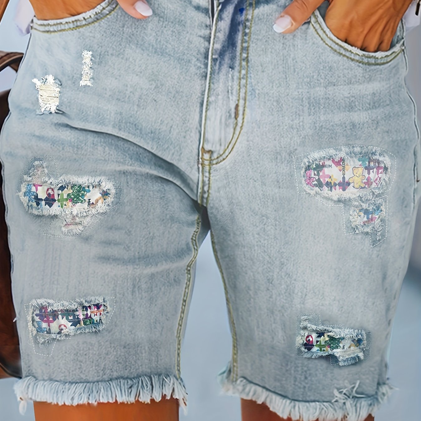 TEMU Stylish Plus Size Denim Shorts - Women's Plus Size Denim Shorts With Panel, Hem, Button Fly, And Relaxed Fit - Casual Summer