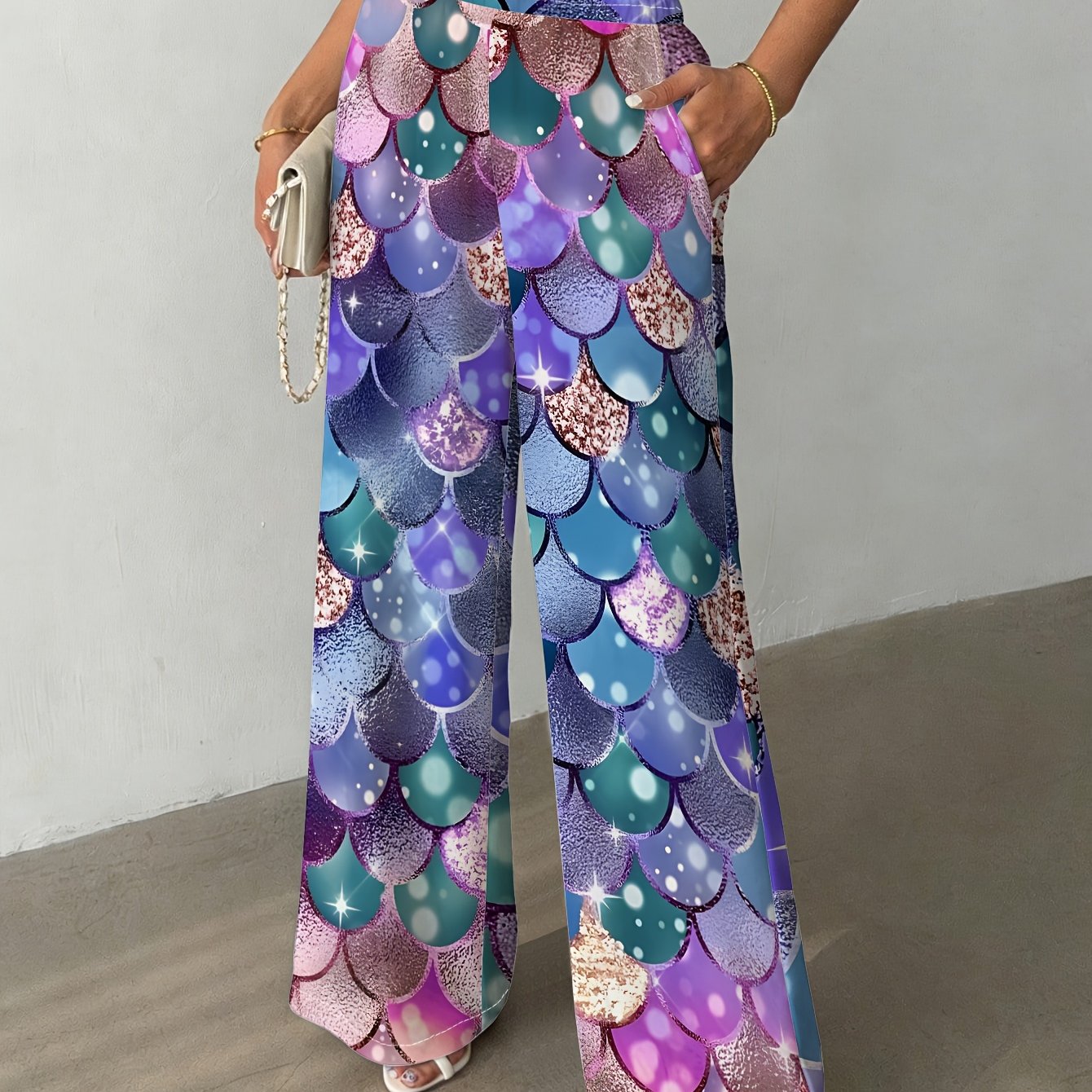 TEMU Women's Mermaid Scale Print Straight-leg Pants, , Casual , Parties And Everyday Wear, Stylish And Trendy
