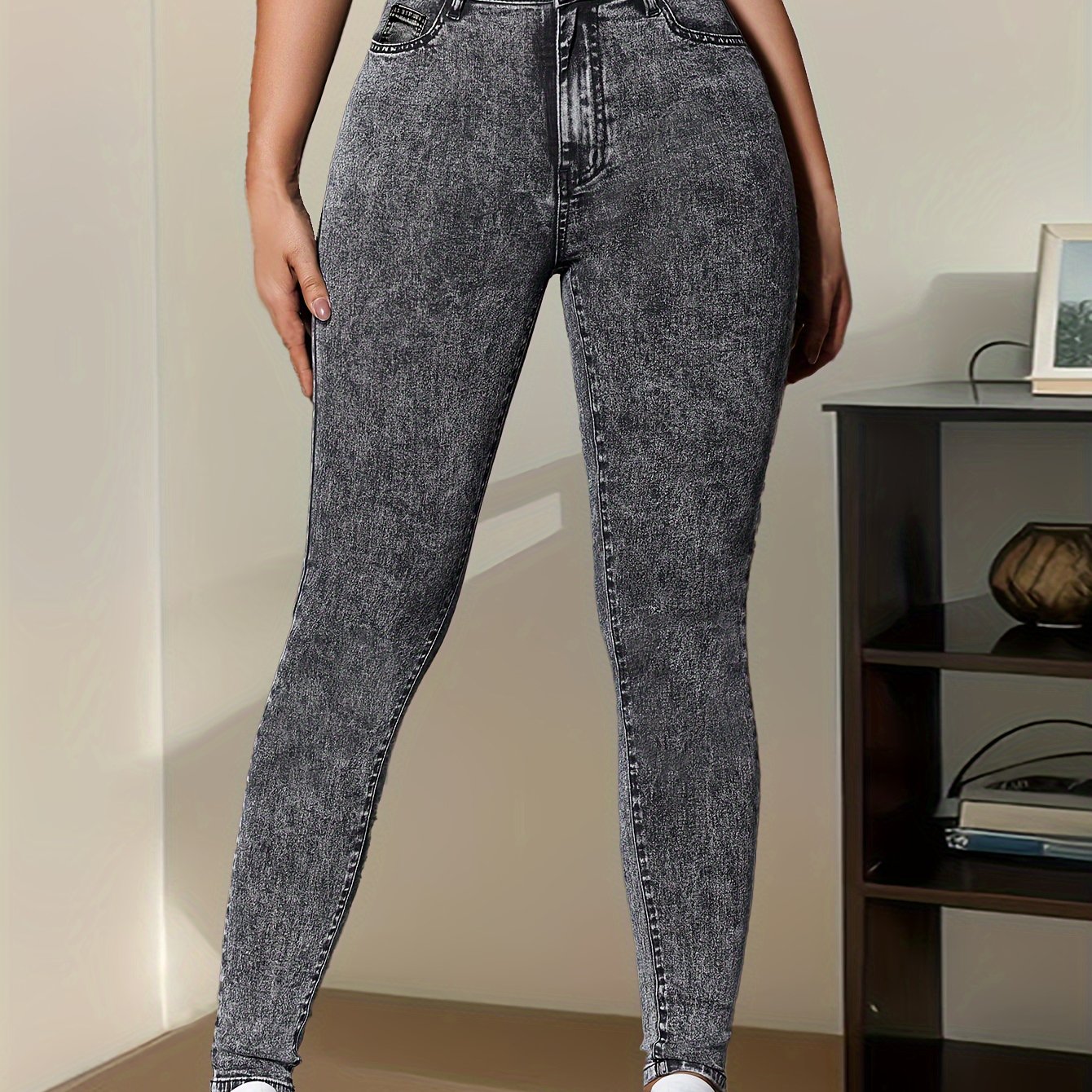 Image of Women's Elegant Skinny Gray Snowflake Jeans, High Stretch Solid Color, Long Length, Button Detail, Skin-friendly, Minimalist Fashion, Slim Fit, Everyday Wear