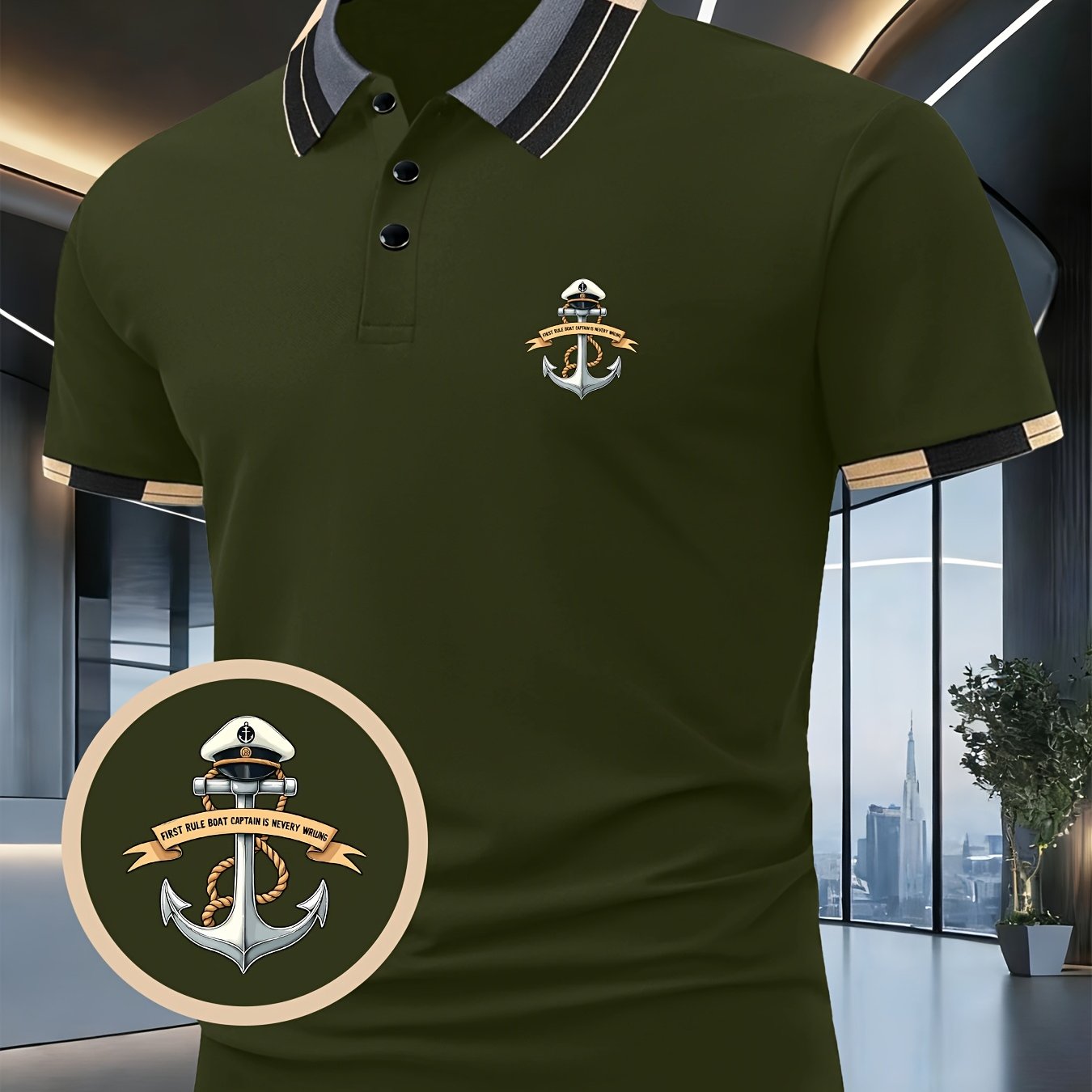 TEMU Men's Anchor Print Short Sleeve Shirt | Fashionable Contrast Collar And Sleeves, Comfortable Stretch Fabric, Ideal For Summer