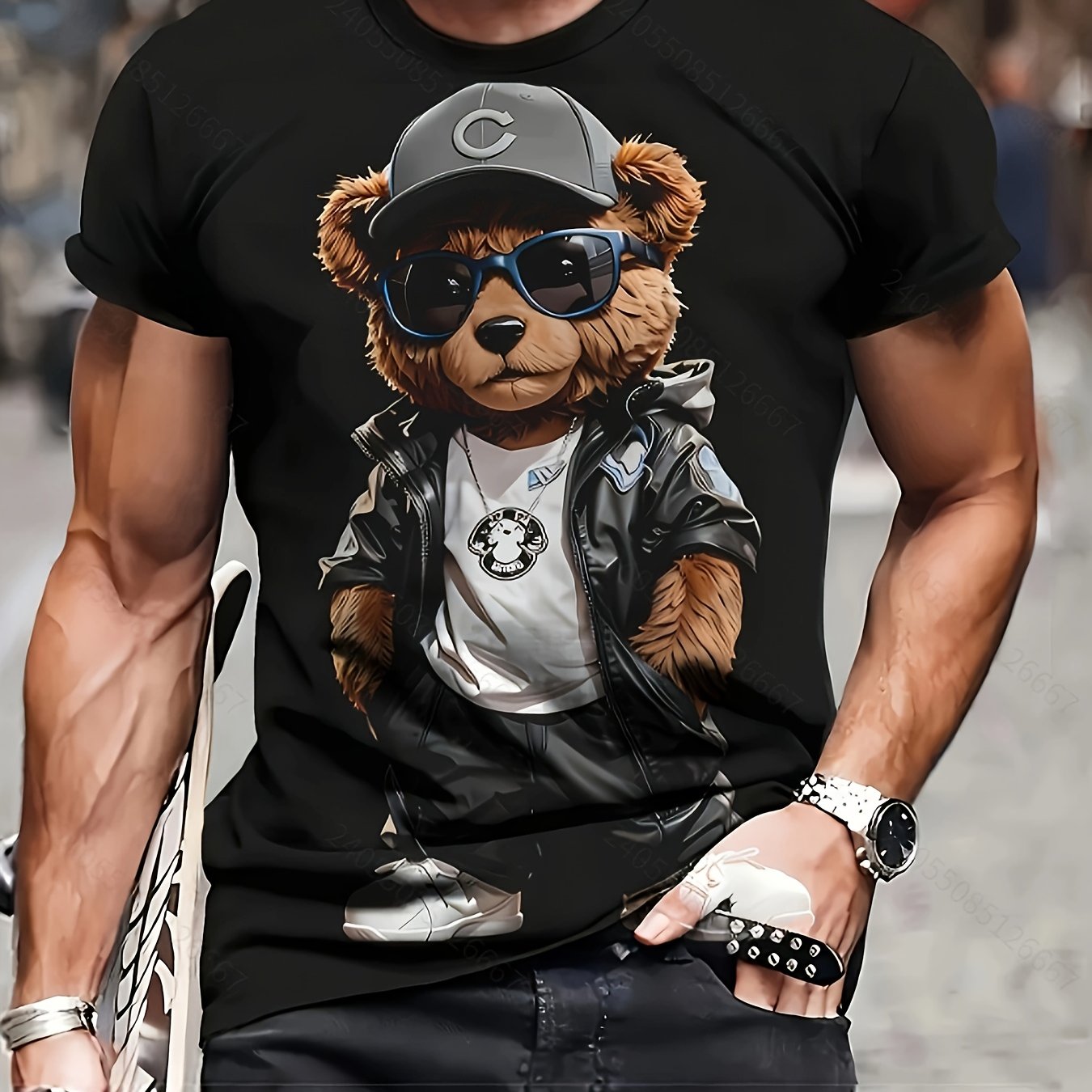 TEMU Men's Teddy Bear Print T-shirt With Teddy & Glasses - Soft Breathable Plus Size Casual Streetwear Short Sleeve Round Neck Tee - Cute Animal