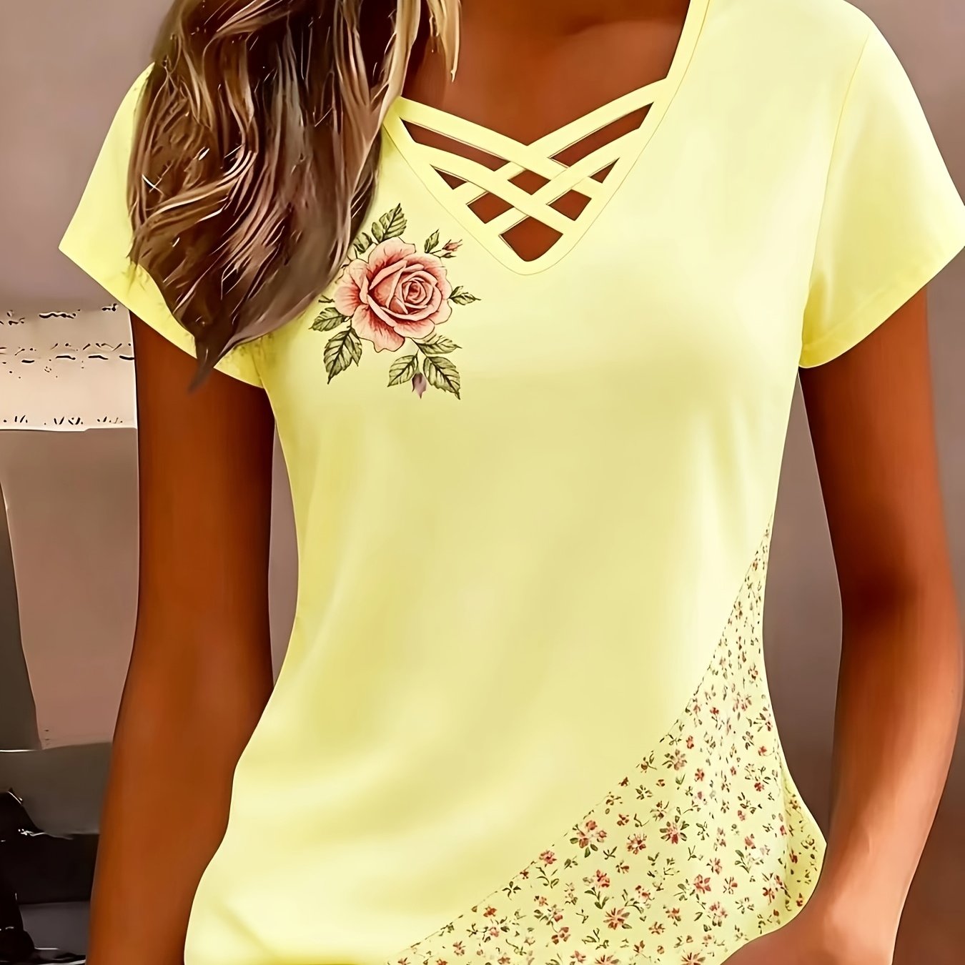 TEMU Standard Size Women's Fashion Printed Short Sleeve Cross-front T-shirt