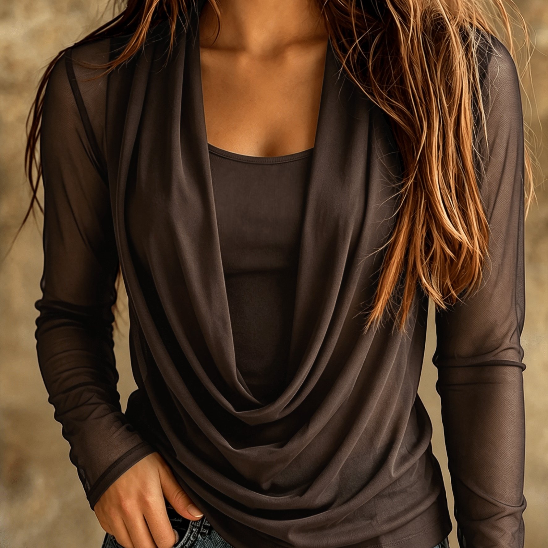 TEMU Elegantes, locker geschnittenes Damen-T-Shirt in einfarbigem Design mit 2-in-1-Look, durchsichtigem Mesh, langen Ärmeln gesplisstem Ausschnitt –