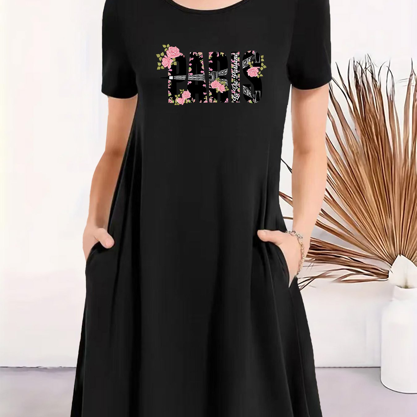 TEMU Paris Women's Elegant Longline T-shirt With Letter Print & Floral Accents - Vibrant Red Round Neck Short Sleeve Top, Side Pockets, Machine