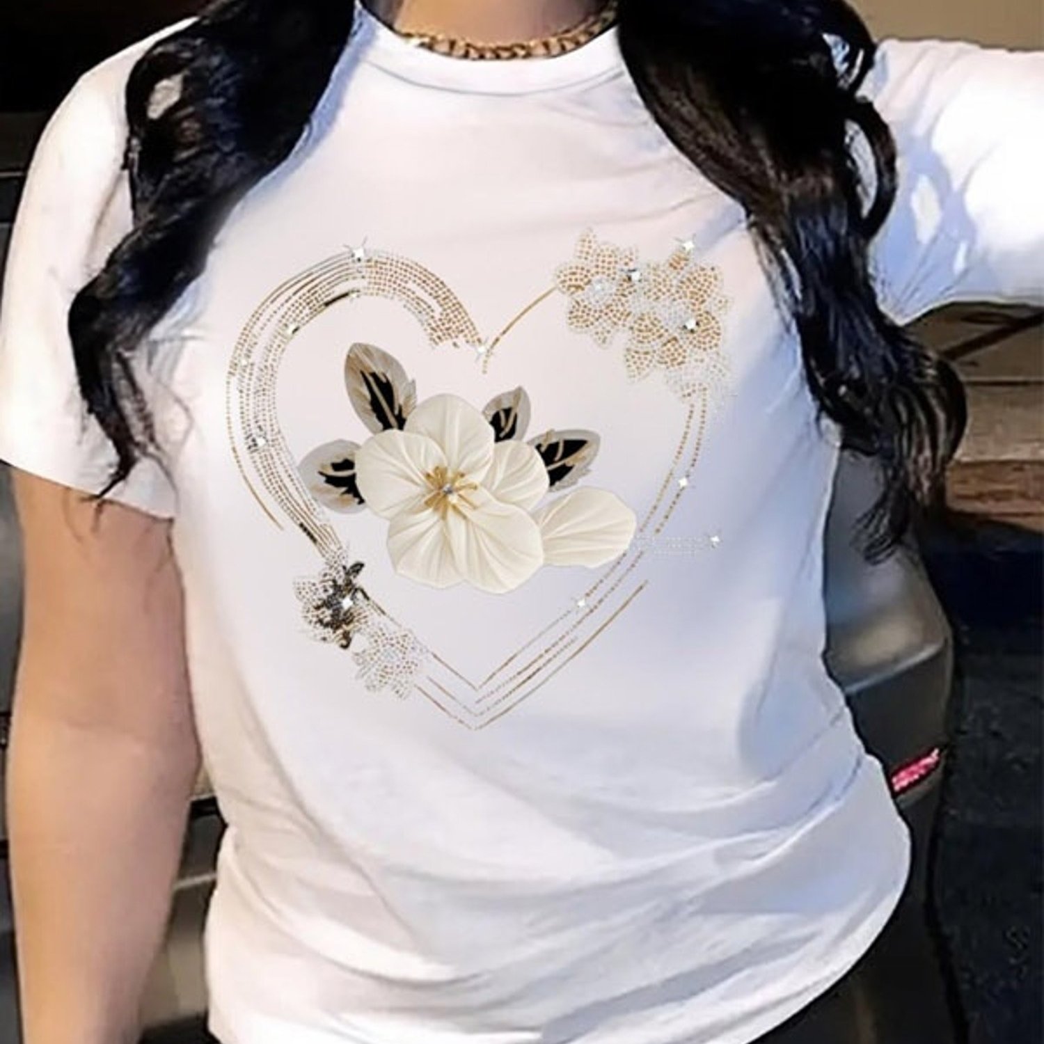 TEMU Women' Polyester Round Neck T-shirt,print Outline Heart With White Flower & Small Floral Details, Casual Short Sleeve Top, Multiple Sizes, For