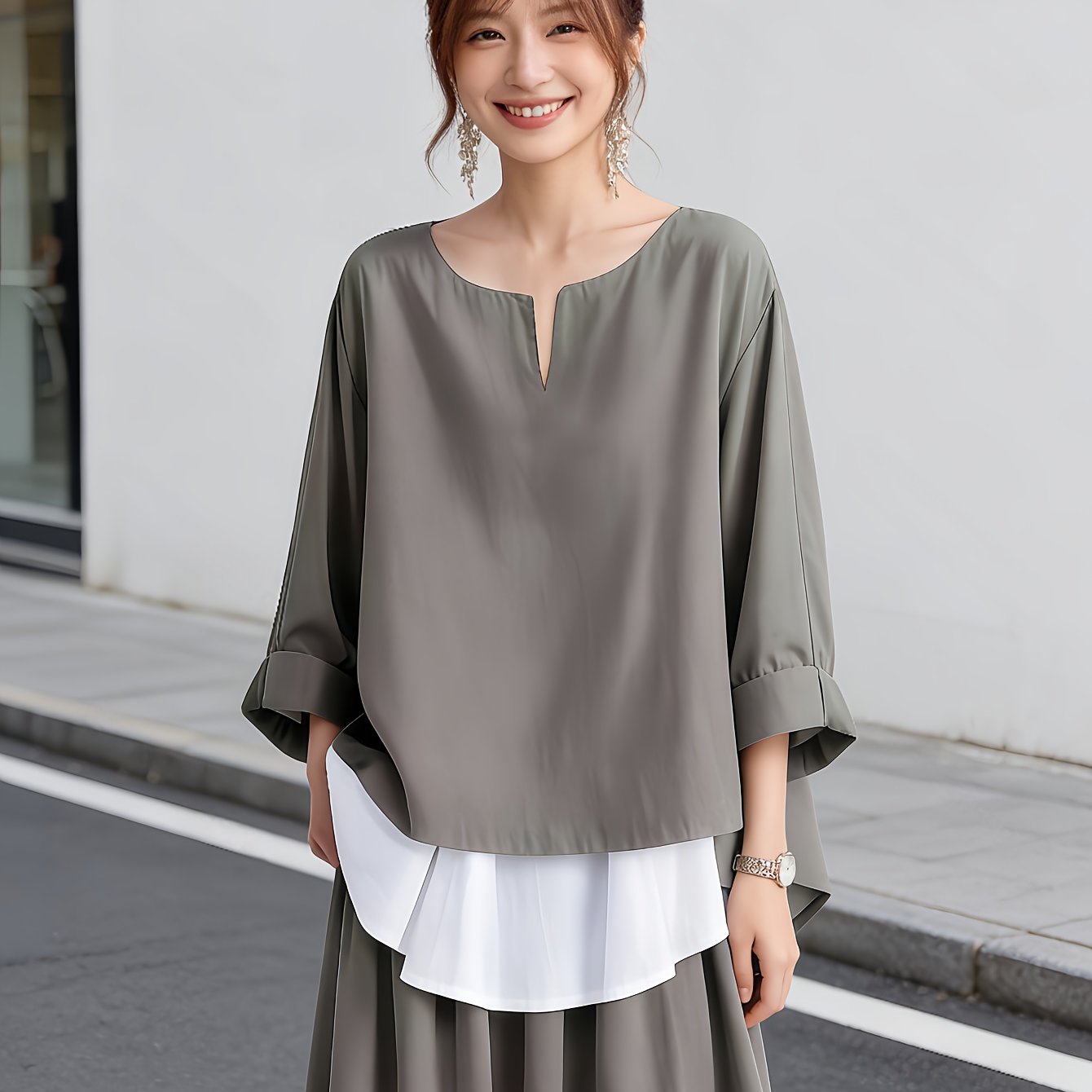 TEMU 春夏秋用 軽量 カジュアルデイリーセット カラーブロック トップス＋スカート 単層 通気性 快適 普段使い/旅行に使える万能ウェア