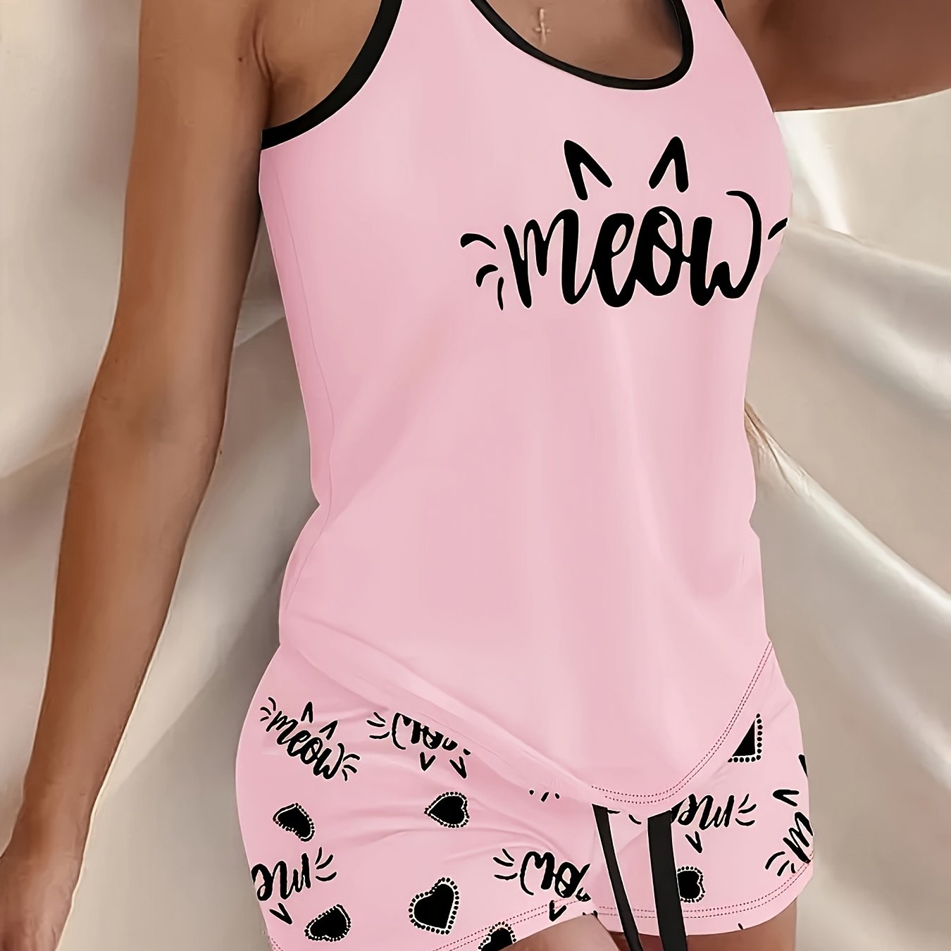 Image of A Two-piece Set Of Women's Summer Slim-fit Loungewear Pajamas, Featuring A Tank Top With A Heart Letter And Cat Print, With Elastic Waist Drawstring Shorts, Suitable For Home And Casual
