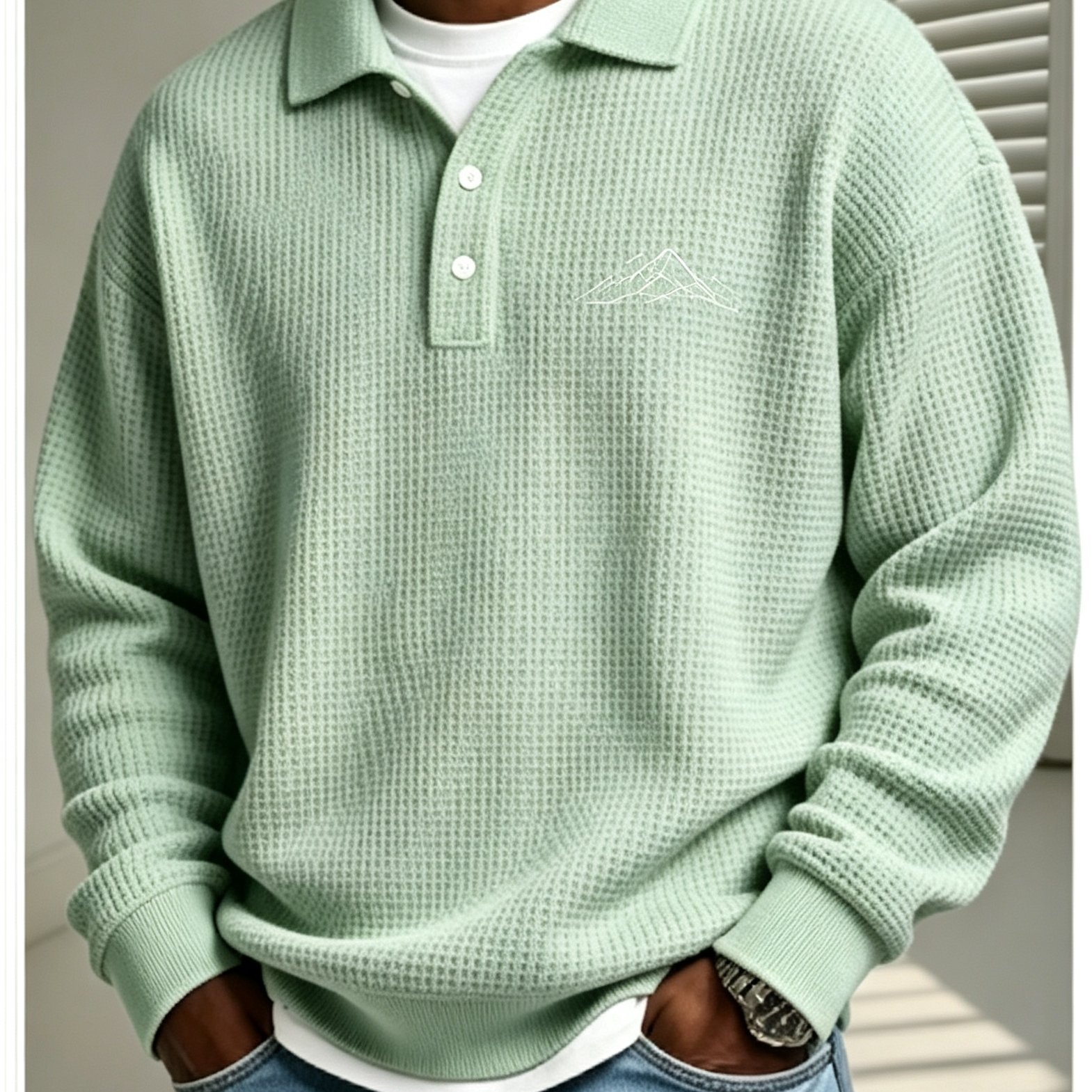 TEMU New Arrival Men Standard Size Long Sleeve Waffle Sweatshirt With Minimalist Mountain Line Graphic Comfortable Cool Autumn Garment For Outdoor