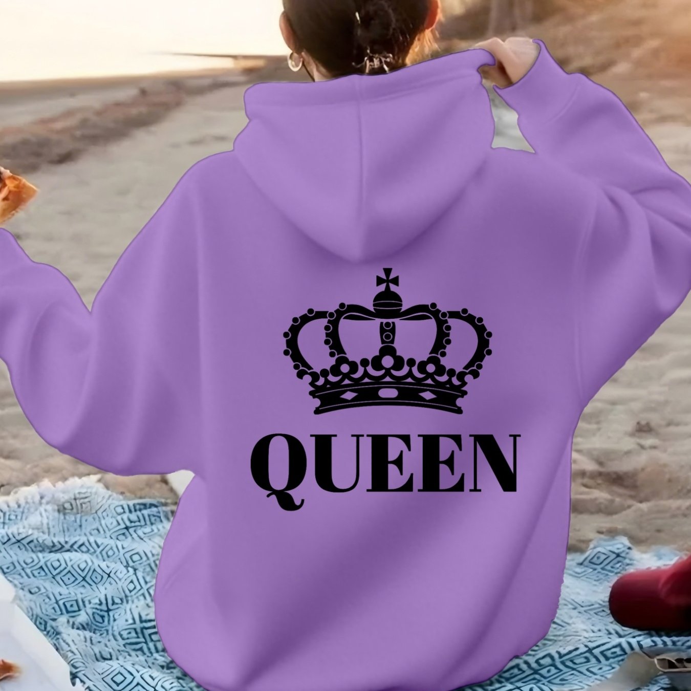 TEMU Women's Fashion Casual Sports Hoodie With Crown And "queen" Print On Back | Stretch Fabric, Hooded