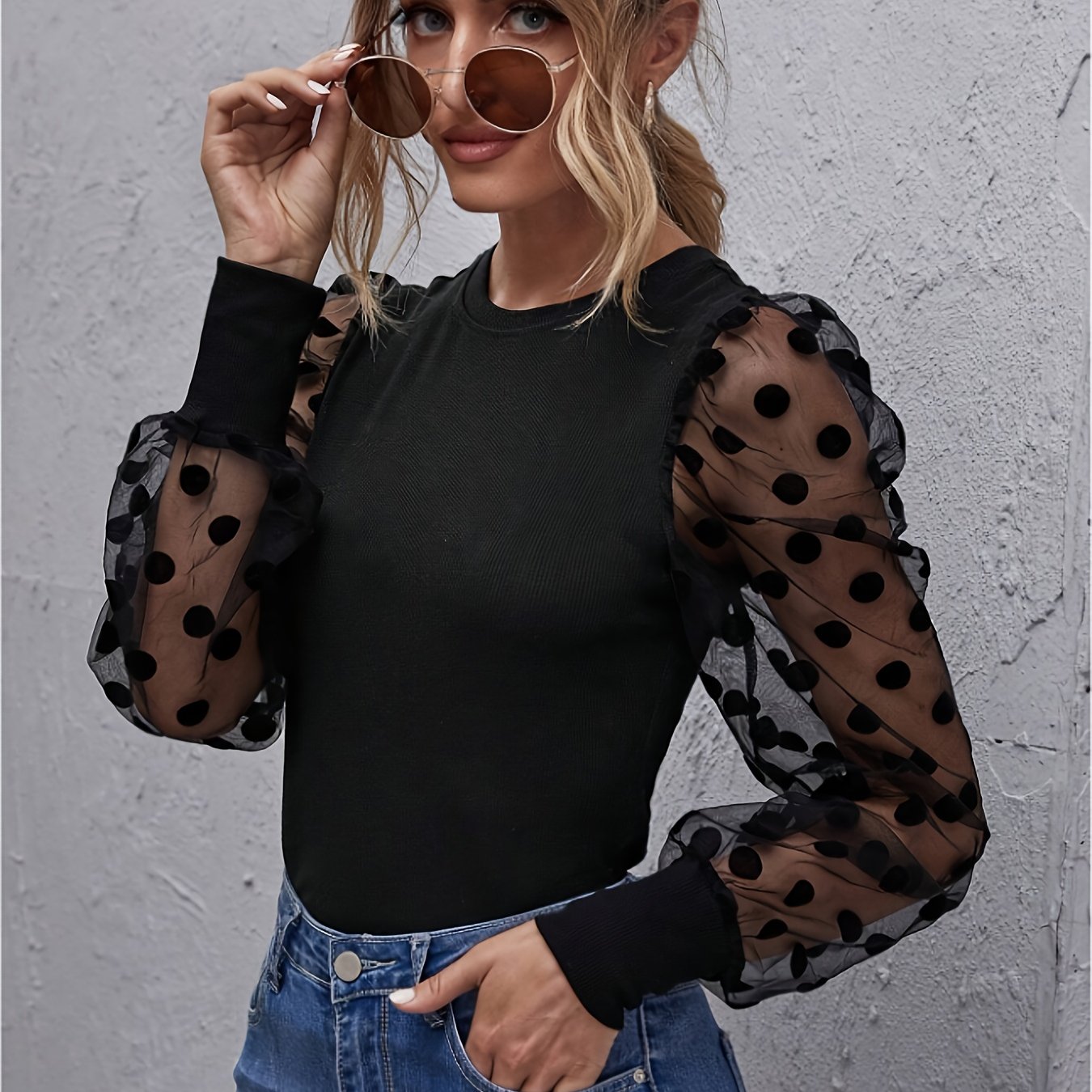 Image of Women's Elegant Polka Dot Mesh Long Sleeve Top - Stretchy Polyester-spandex Blend, Crew Neck, Machine Washable, Regular Fit A-line Silhouette For Casual & Formal Wear