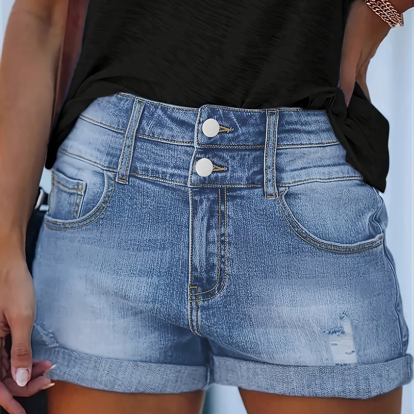 TEMU Women's High Waist Distressed Denim Shorts Retro Wash Slim Fit Vintage Jeans