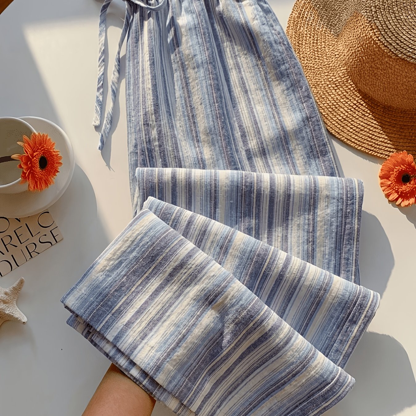 TEMU Plus Size, Solid Color Textured Pleated Fabric Loose-fit Drawstring Casual Vacation Wide-leg Pants, Plus-size Casual Trousers, Pastoral Style