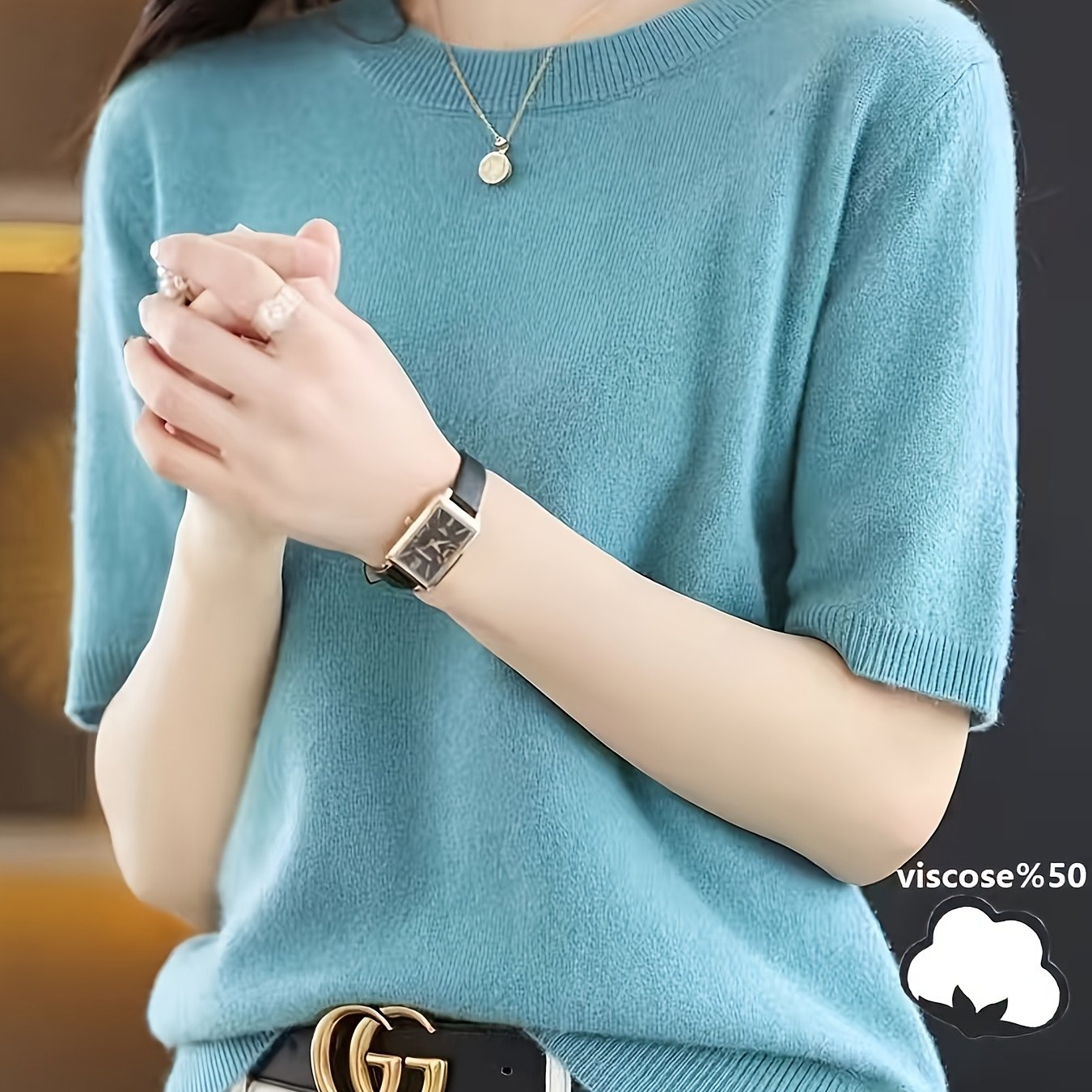 E-shop Frühling/Sommer Damen Rundhals Kurzarmtop, Lockerer Schnitt Basisshirt, Elegantes Casual Urlaubsshirt