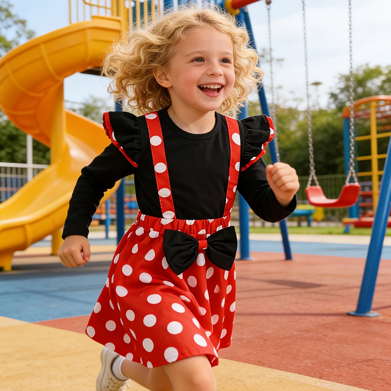 Girls' Autumn Winter Cute Polka-dot Short Skirt Long Sleeve T-shirt 2pcs Set, Flutter Sleeve T-shirt And Suspender Skirt Set, /machine Washable, Suitable For Casual /parties, For Outdoor