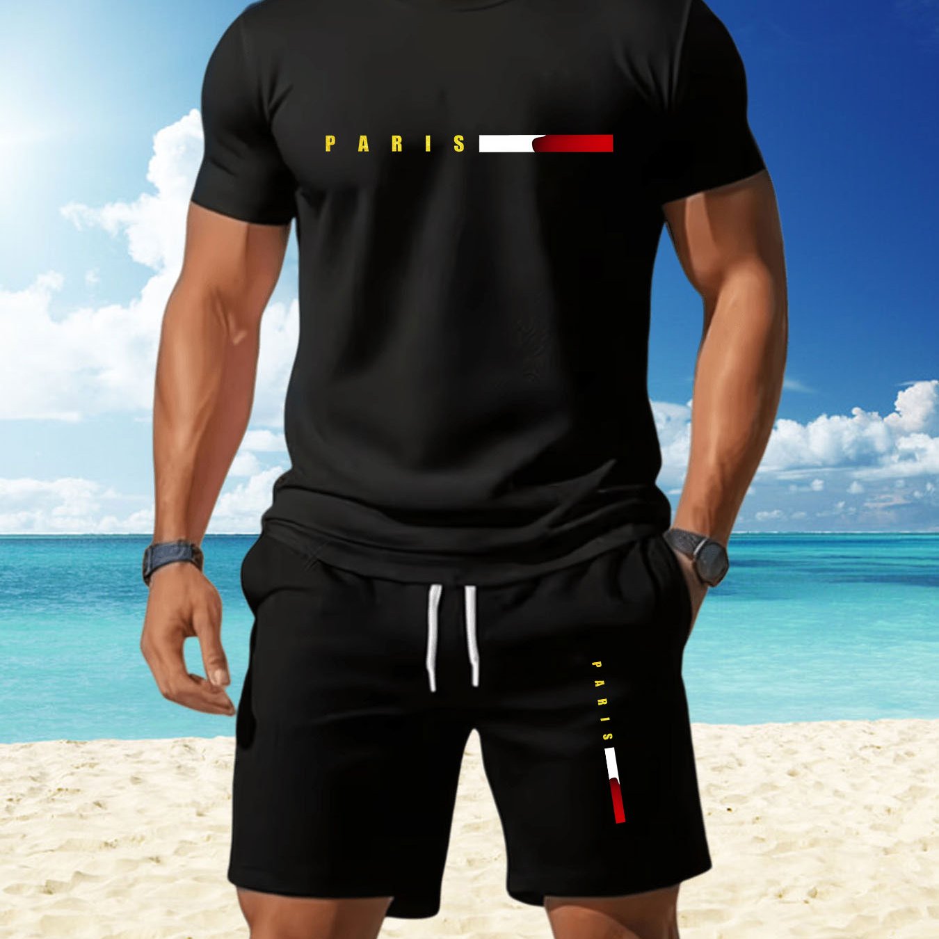 TEMU Men's Casual Sportswear Set Red And Block Letter Print Short-sleeved T-shirt   Elastic Waist Shorts Two-piece Business Casual Dual-use