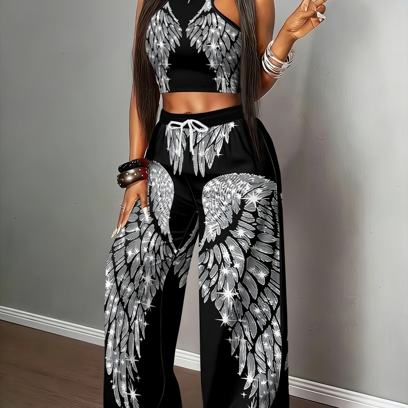 TEMU Women' Size Style Silvery-stamped Wing Print Halter Neck Tank Top And Wide-leg Pants 2pcs Set, Street Style Cool Outfit