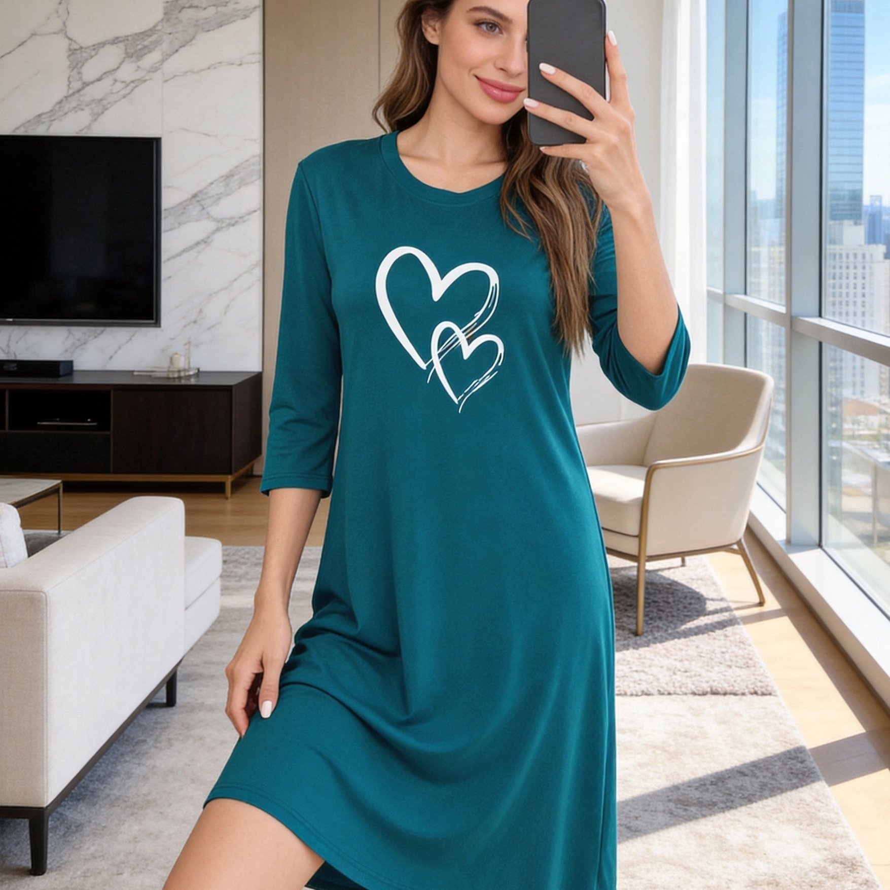 Image of Women's 3/4 Sleeve Crew Neck Heart Print Nightgown, Soft A-line Knee Length Sleep Dress, Casual Sleepwear Loungewear
