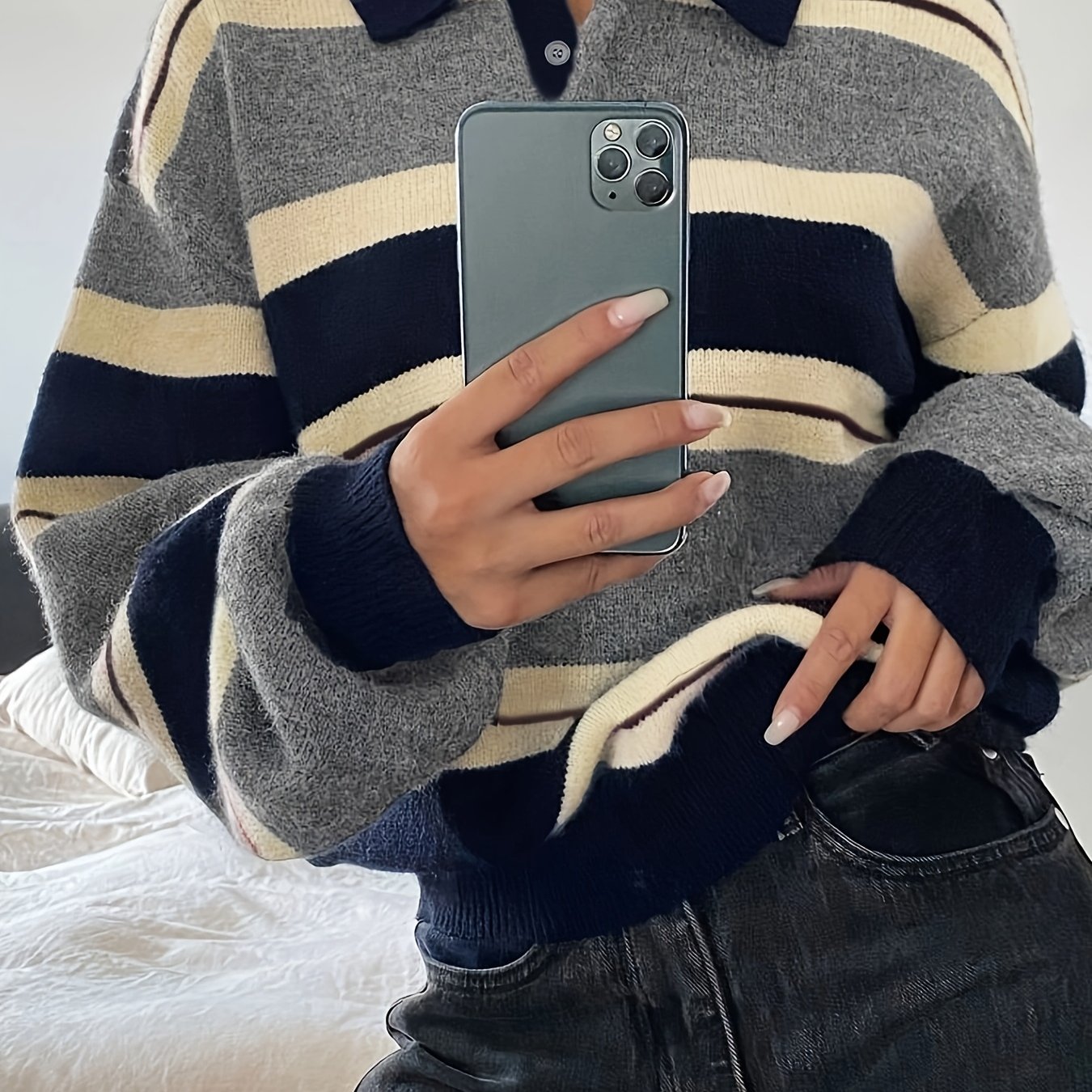 TEMU New Long-sleeve Knitwear Color-block Lapel Striped Pullover Sweater
