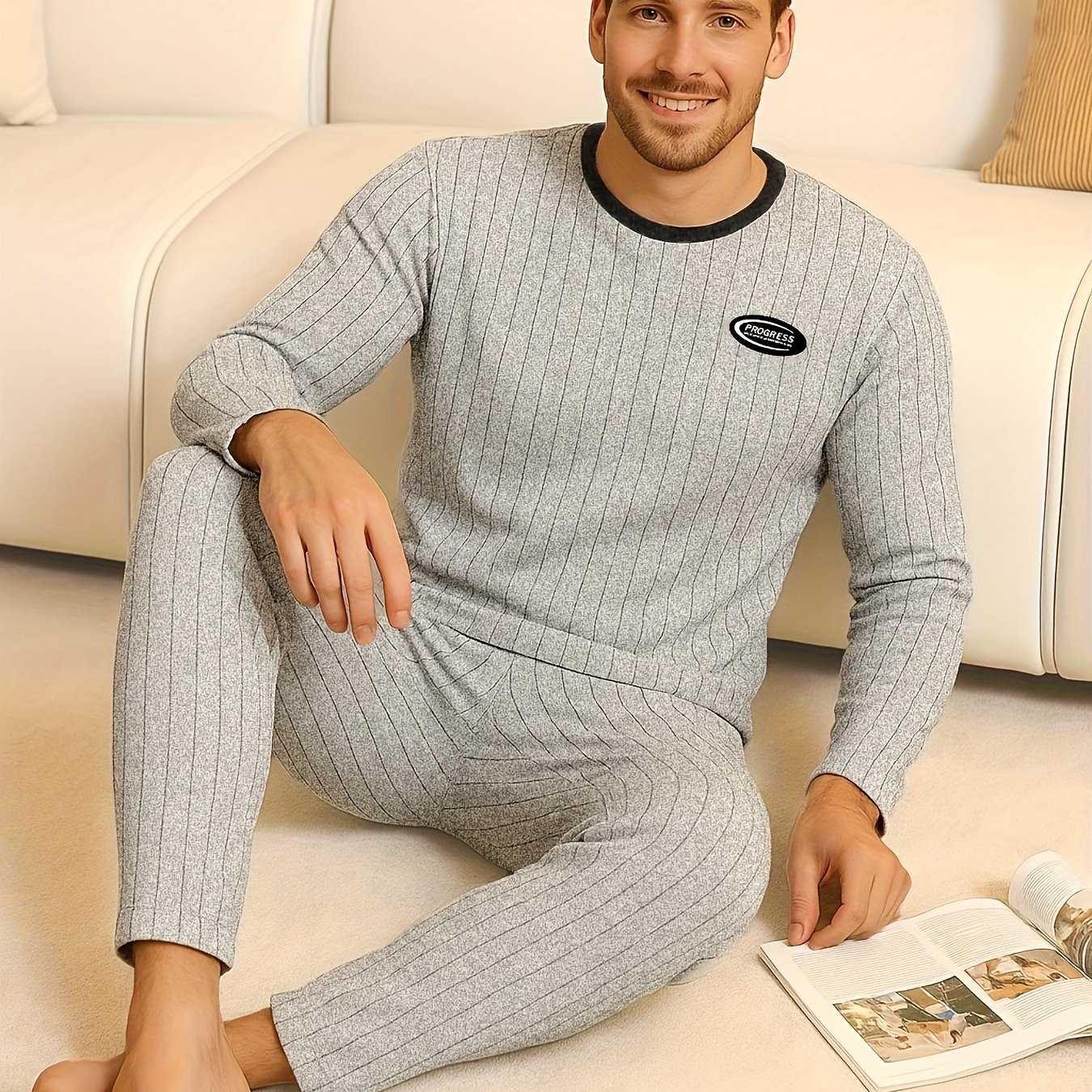 Men's Autumn And Winter -friendly Round Neck Black Trim Long Sleeve Long Pants Loungewear Set Of 2pcs