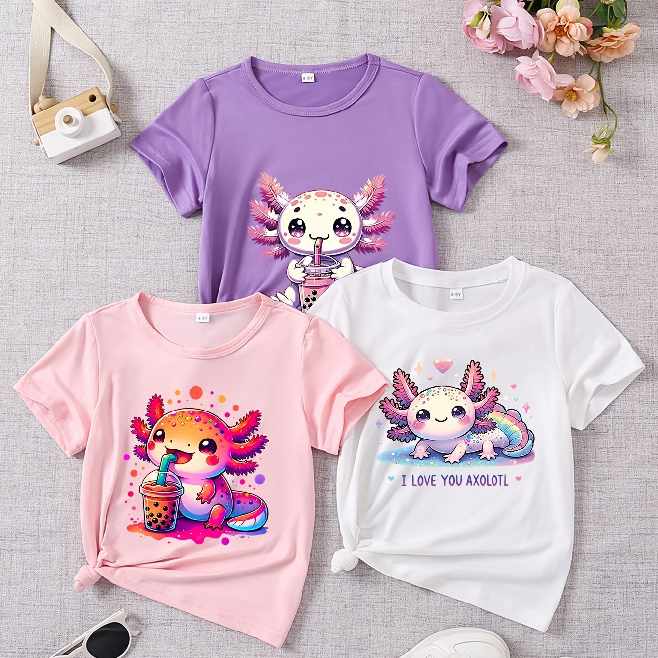 E-shop 3 Stück Mädchen Sommer Kurzarm T-Shirts - Niedliche Axolotl "ICH LIEBE DICH" Druck Shirts mit Herz & Designs, Rundhals Casual Shirts für &