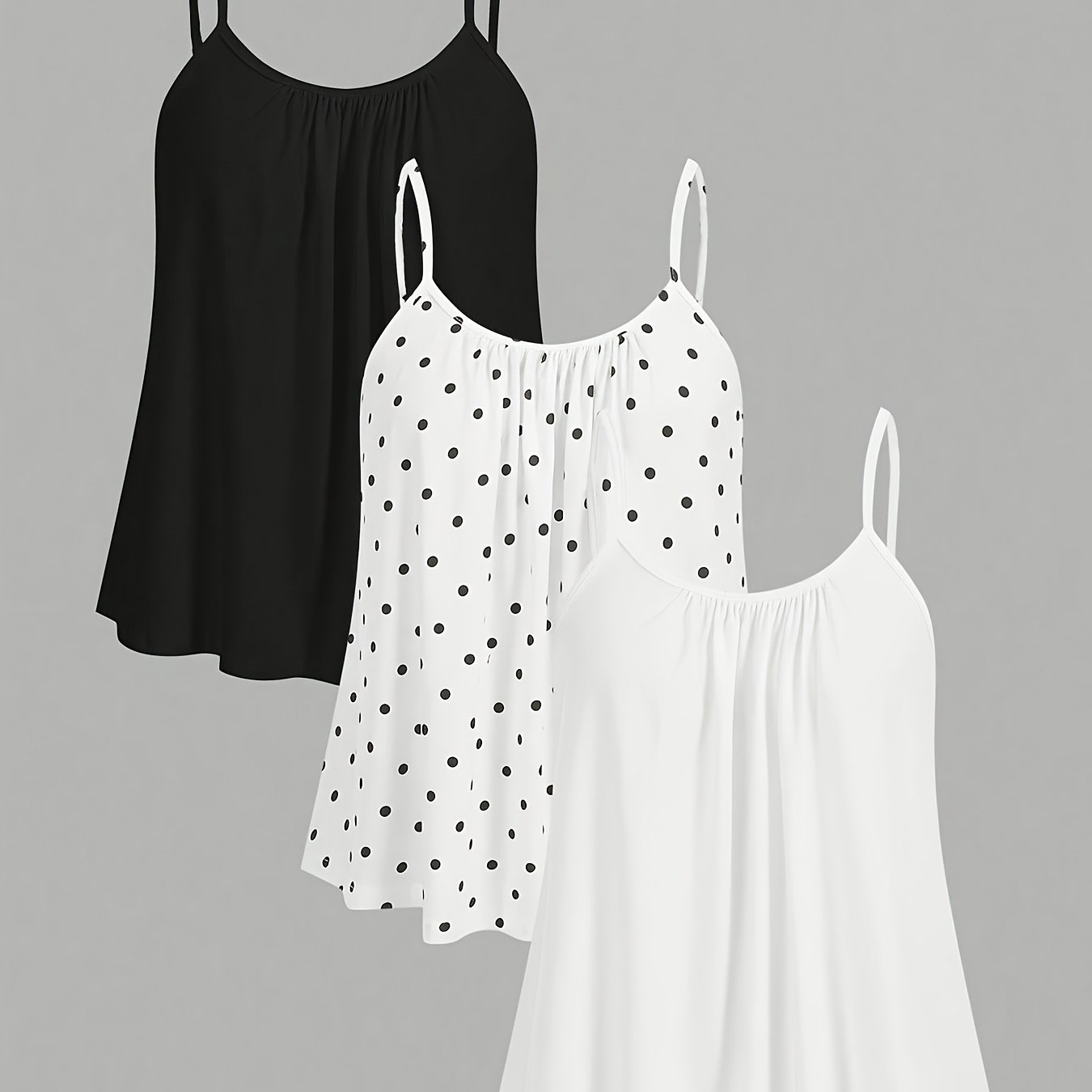 TEMU 3pcs Women's Chinese Pleated Polka Dot Camisole Set, Loose Fit, Adjustable Straps, Suitable For Spring Summer Autumn Winter Layering And