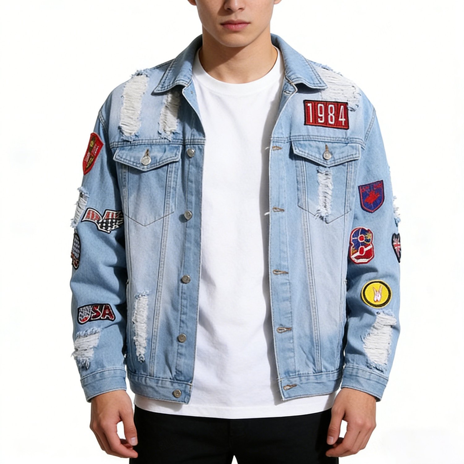 Image of Hme-102 Men' Blue Ripped Badge Patch Denim Jacket High-street Retro Cargo Coat Streetwear Unique Washed Denim Top