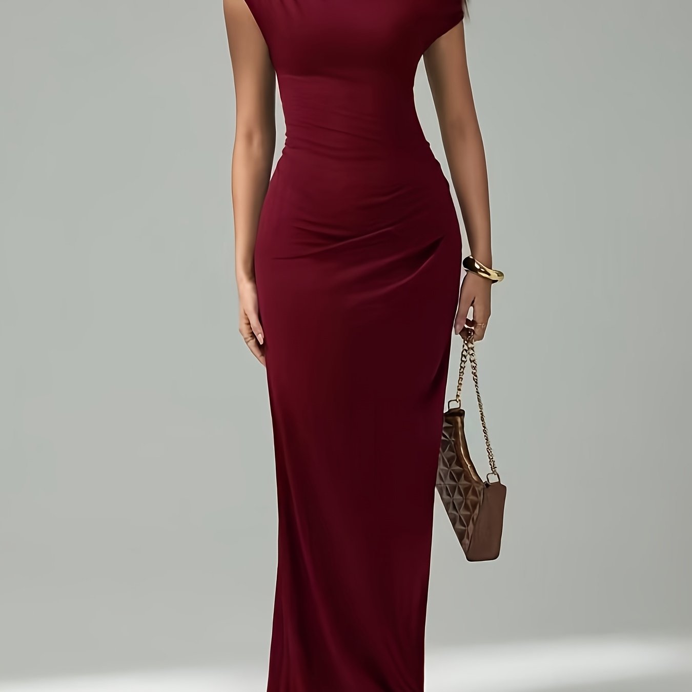 E-shop Weinrotes, einärmeliges, plissiertes, schmal geschnittenes, bis zur Erde reichendes Kleid, Retro-Licht-Luxus-Stil, Drapierter Stoff, ,