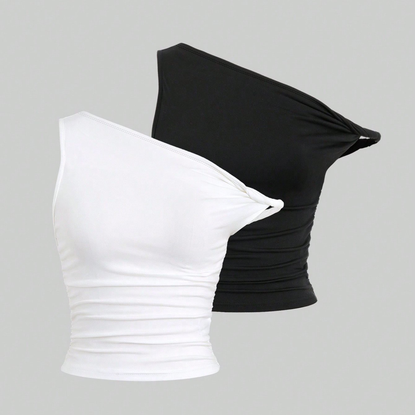 TEMU Fashion Versatile Irregular Off-shoulder Ruched Women' Solid-colored Vest 2pcs Set
