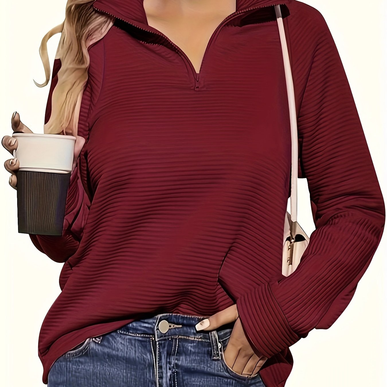 TEMU Sweater Women's Casual Long Sleeved Solid V-neck Loose Fitting Pullover Top