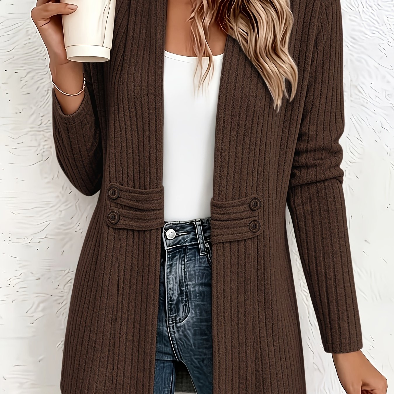 TEMU Casual Solid Color Double-breasted Decorative Belt Long Sleeve Women's Cardigan, Relaxed Style Versatile Mid-length Open Jacket, Perfect For