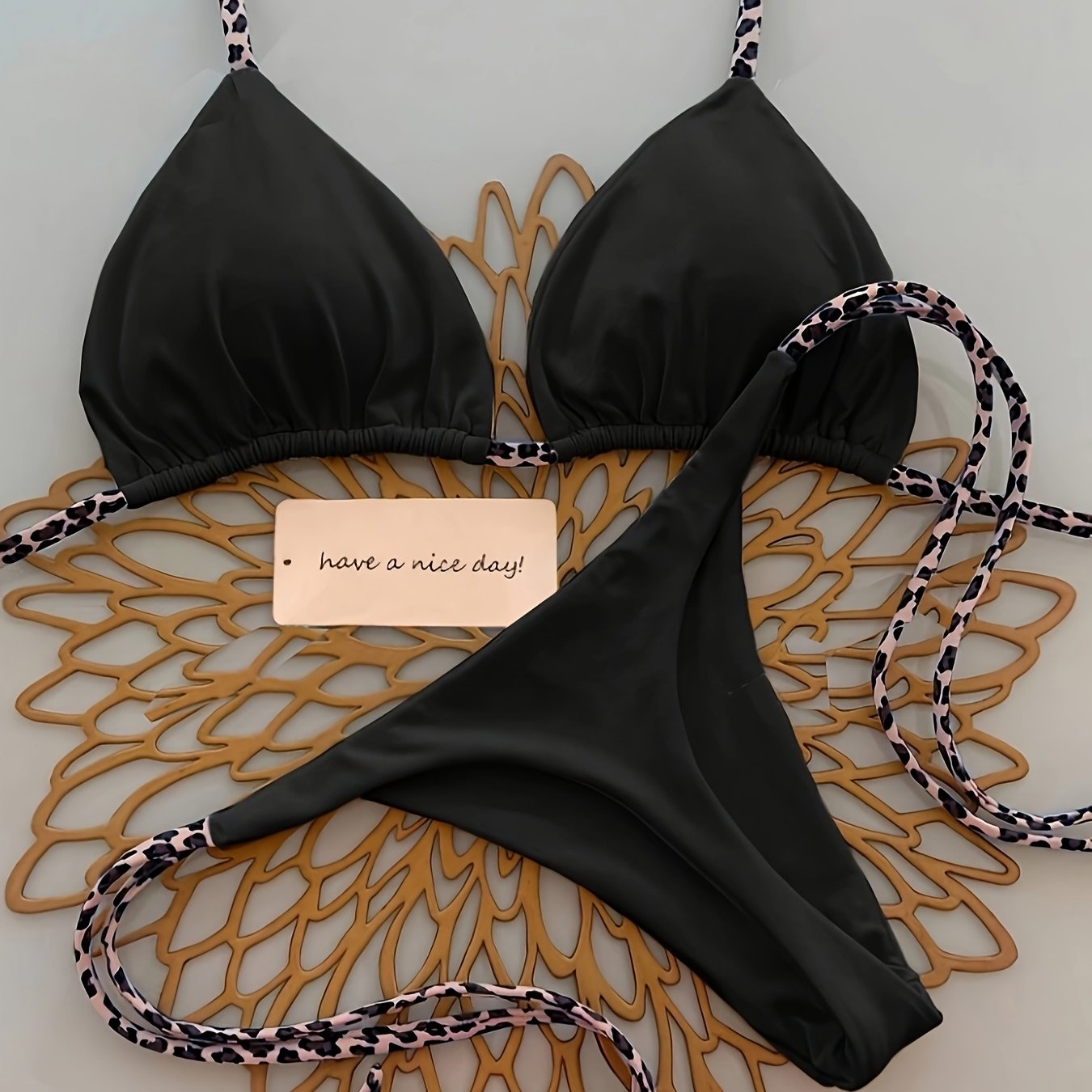 TEMU Two-piece Swimsuit Set With A Bikini Featuring Double Fabric, String Ties, And Triangular Cups