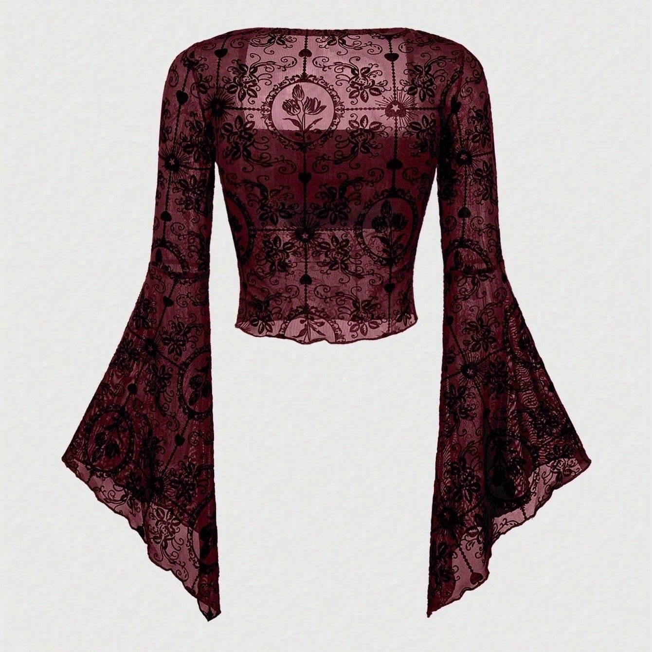 TEMU Camiseta de gasa de larga, semitransparente, y sexy para mujer, camiseta ajustada de Halloween