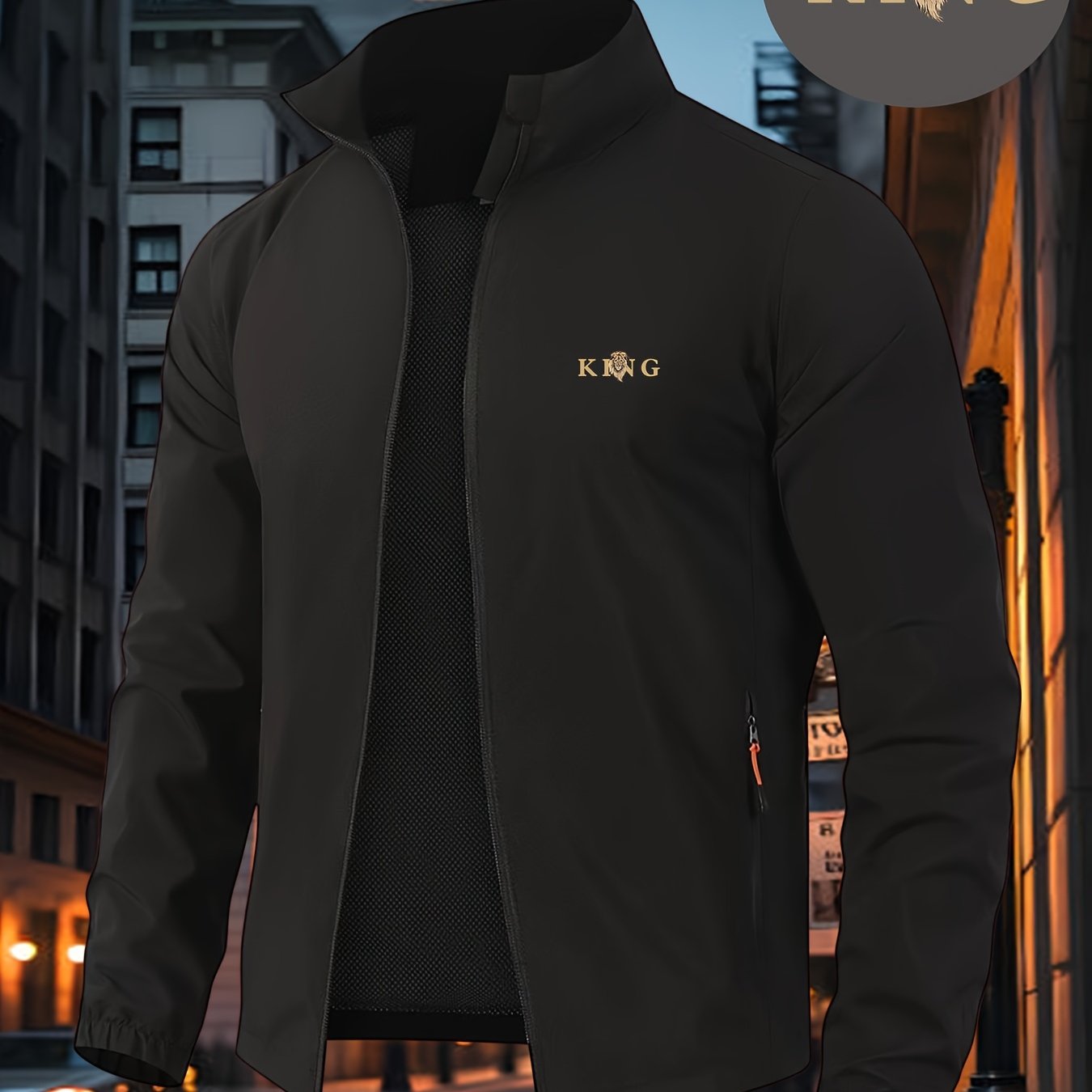 TEMU King Letter Pattern Full-zip Stand Collar Windproof Jacket For Men, Spring/ Thin Light Luxury Mature Business Couple's Casual Outerwear
