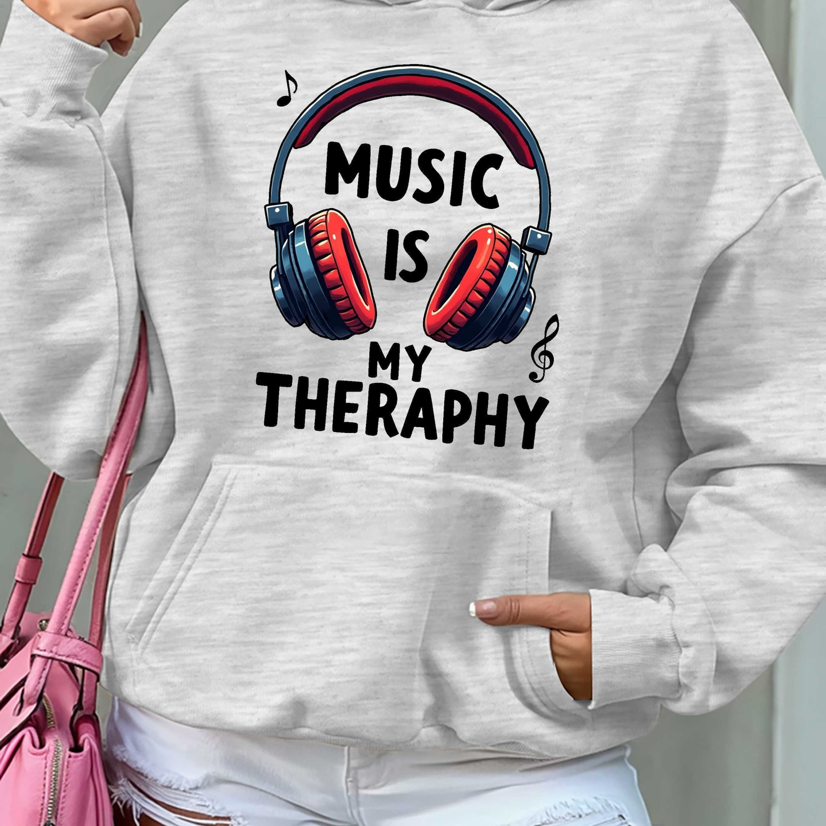 Image of A Design Trendy Hoodie With Headphones And Musical Notes Woman's Hoodie High Quality Thick Sweatshirt For Casual Wear In Autumn And Winter Gift For Music Lovers