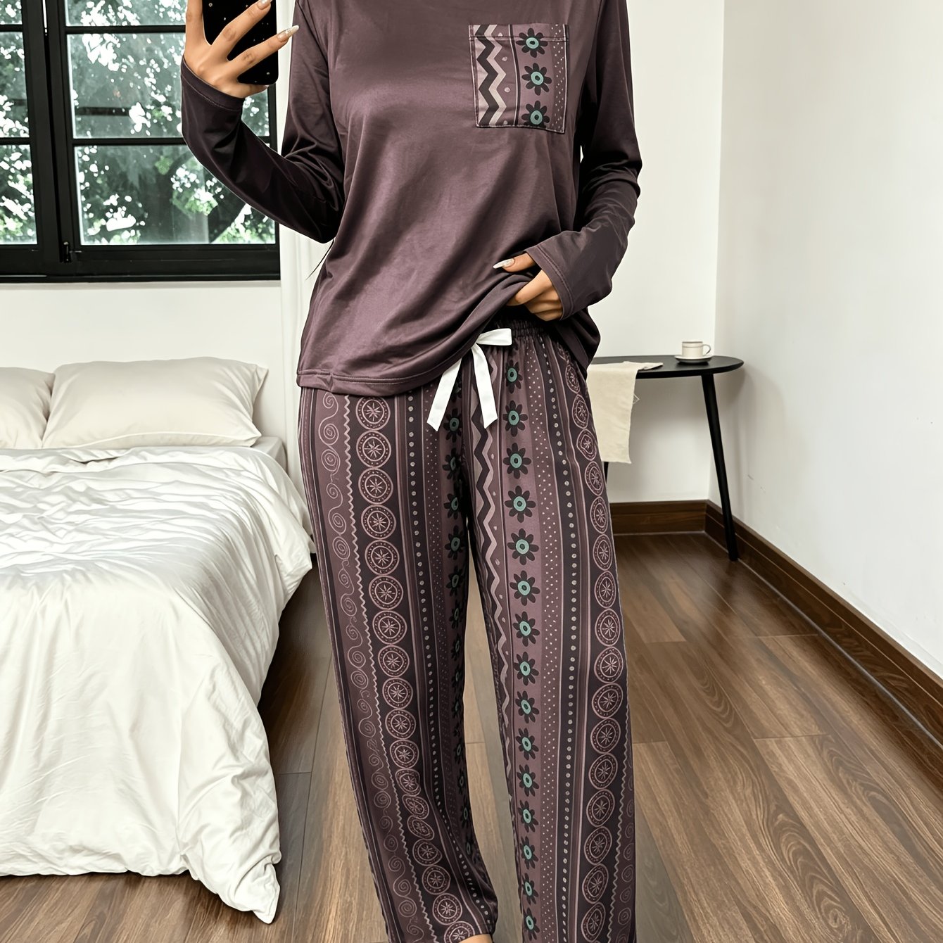 TEMU Women's Pajama Set With Long Sleeve Top And Pants, Soft And Comfortable, Easy For Autumn And Winter