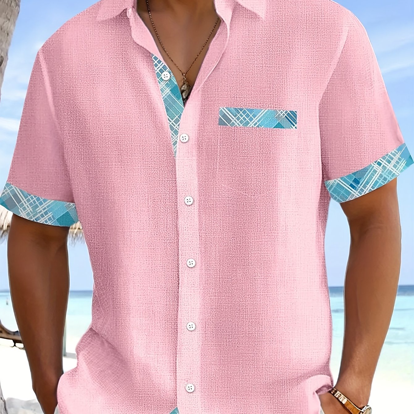 Basic Geometric Checkered Print Men's Plus Size Button-pocket Short Sleeve Collar Shirt