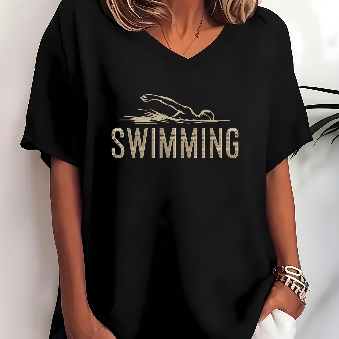 TEMU Plus Size, Women's Plus Size Oversized Swimming T-shirt - V-neck Short Sleeve Pullover, Size 1xl To 8xl, Suitable For Wear, Casual & Swimwear,
