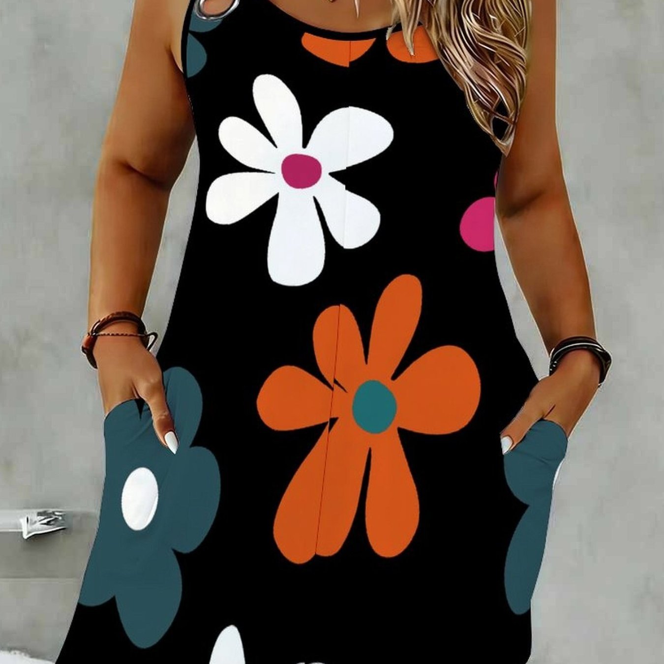 Image of Plus Size Women's Summer Sleeveless Floral Printed Jumpsuit, Camisole Straps With Ring Buckles And , Machine Washable. Elegant Casual Summer Outer Piece, Suitable For Or