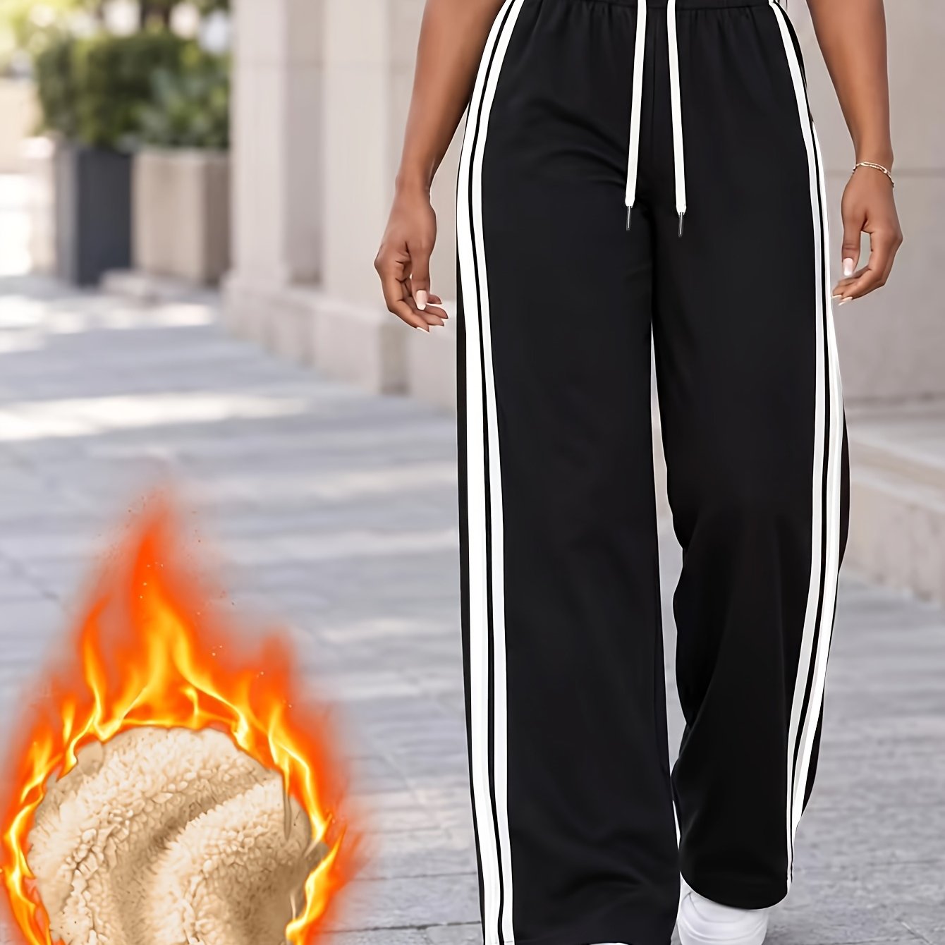 TEMU Women's Fleece-lined Athletic Casual Pants, High-waist Wide-leg Trousers With Double Stripes, Loose Long Pants For Autumn And Winter Streetwear