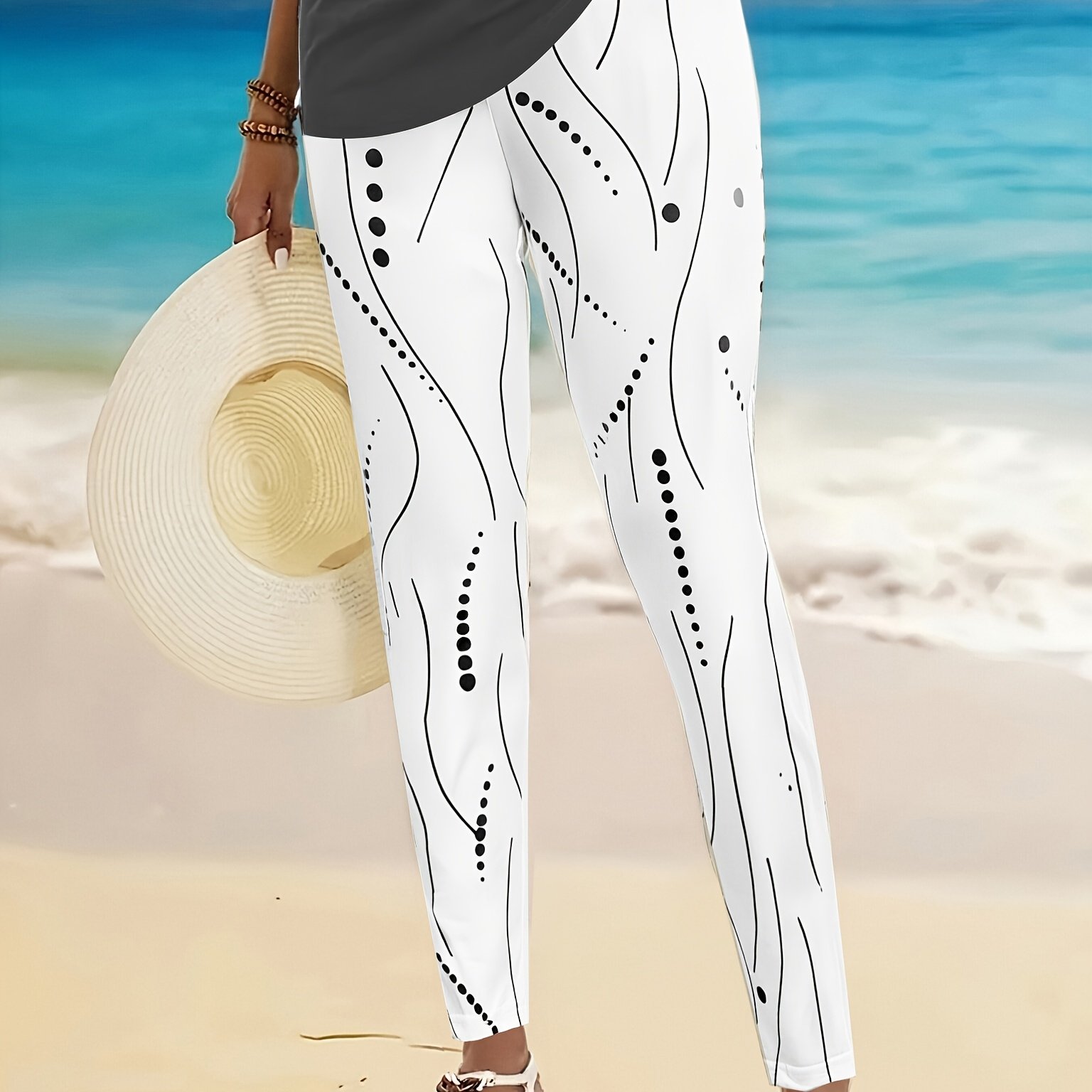 E-shop Damens Elegante Weiße Geometrische Slim-Fit Caprihosen - Maschinenwaschbar, Vielseitig für Casual bis Formelle Kleidung im Frühling, Sommer und