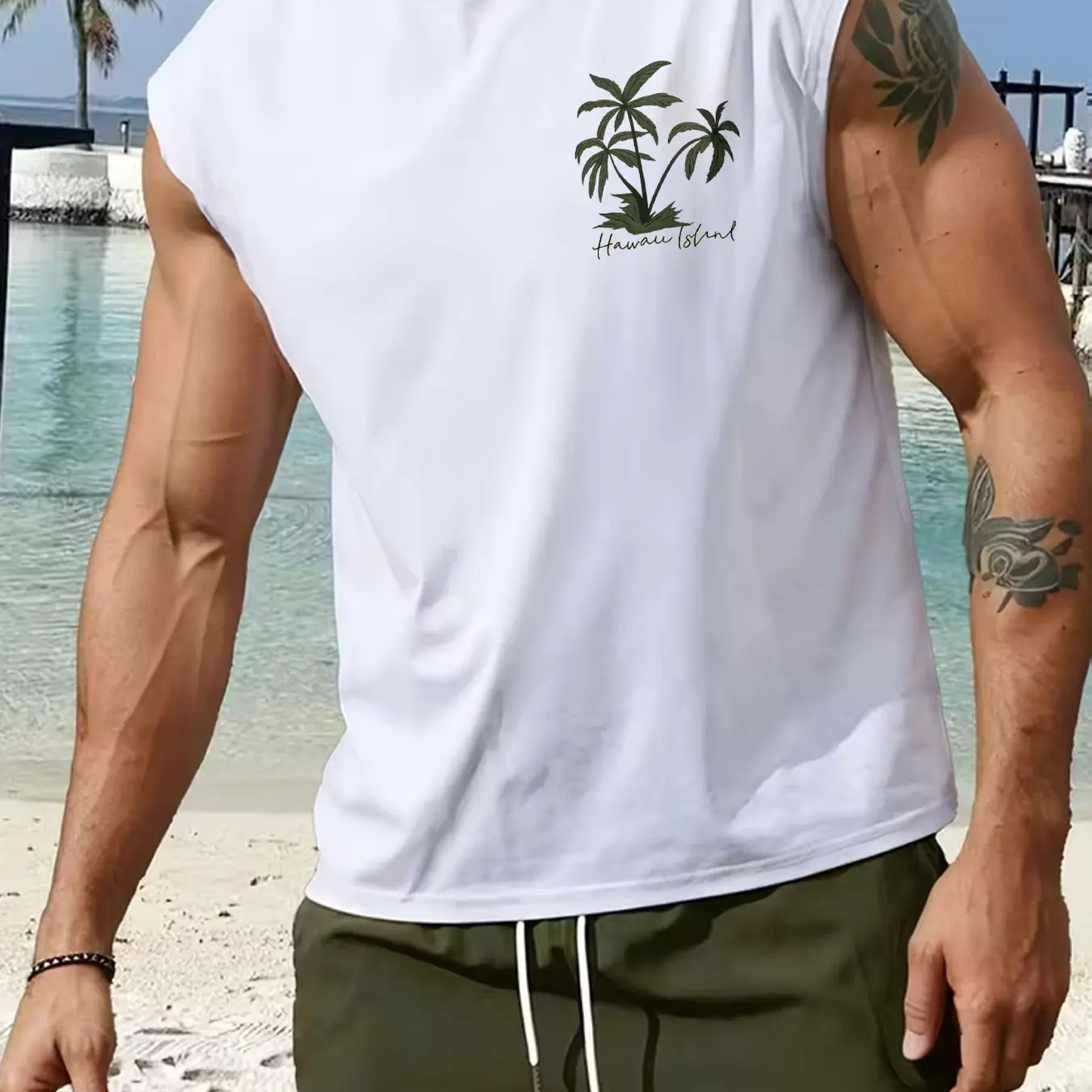 TEMU Men's Casual Sleeveless Hawaiian Palm Print Beach Street Style T-shirt