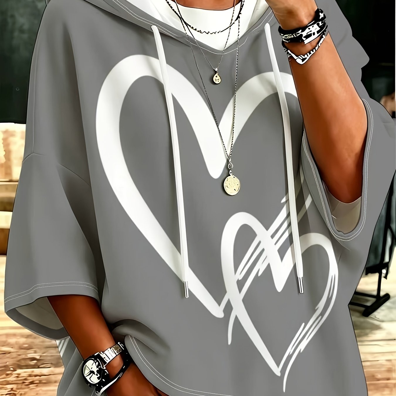 TEMU Plus Size, Premium Gray Print Hooded Three-quarter Sleeve Top, Loose Fit, Relaxed And, Versatile Casual Pullover Hoodie