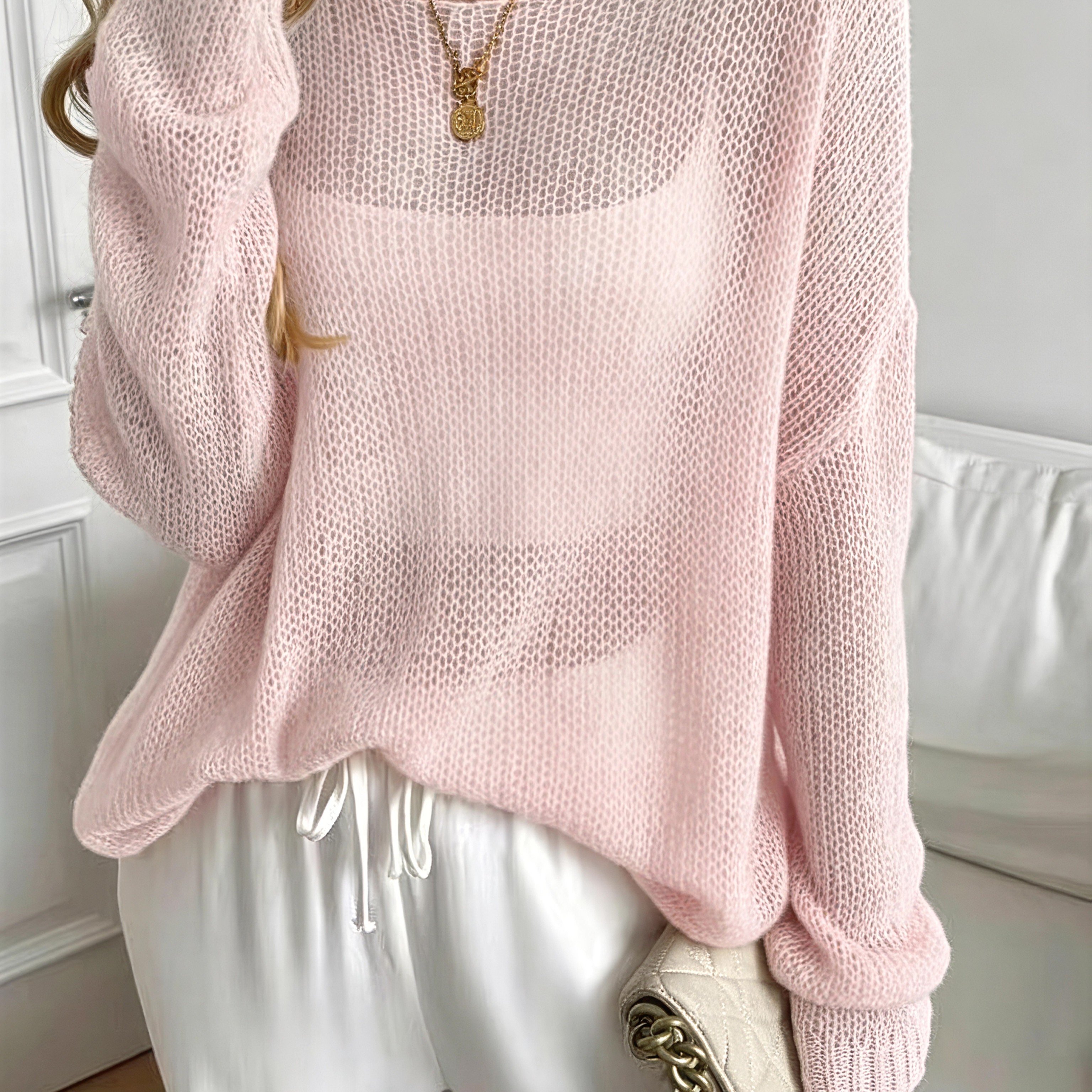 TEMU Spring/summer Elegant Semi-sheer Loose Fit Slouchy Off-shoulder Sweater With Soft, Breathable Mesh Design, Stylish And Unique