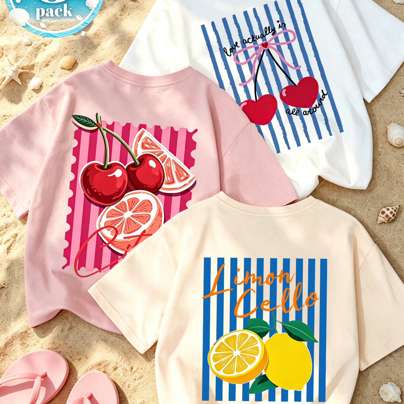 TEMU 3-pack Casual Women's T-shirts, Short Sleeve Crew Neck Tops With Striped Cherry, Lemon & Heart Fruit Print, Regular Fit, Suitable For , Machine