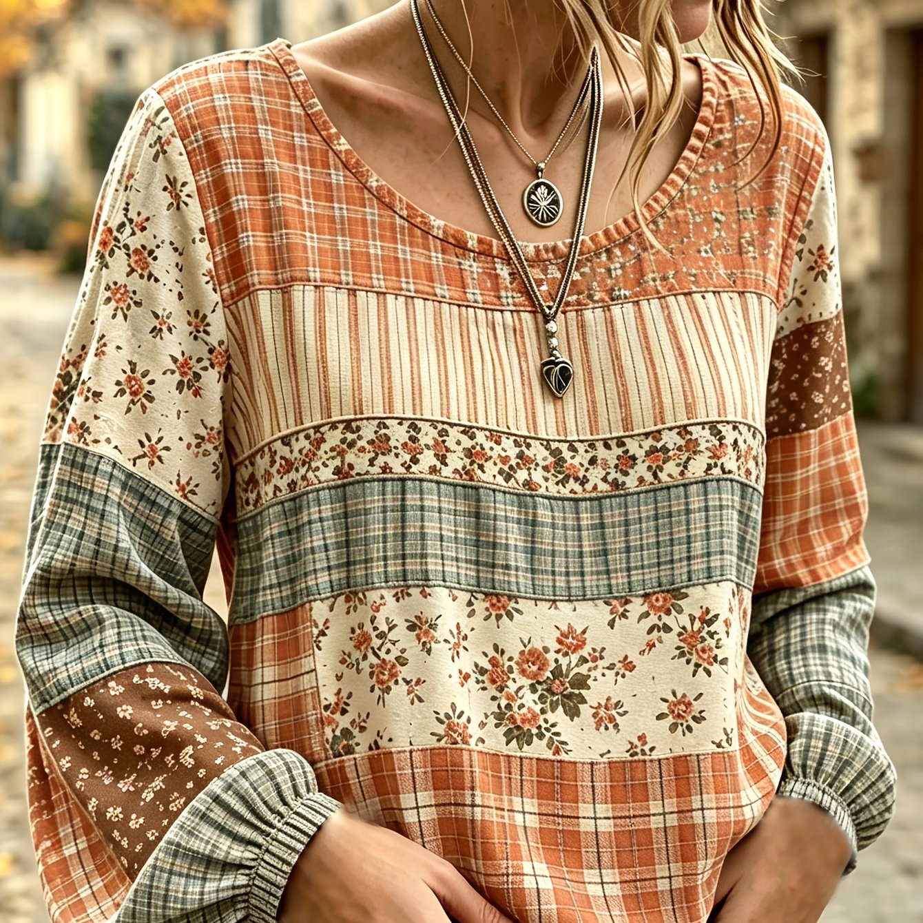 TEMU Women's Autumn Bohemian Printed Long Sleeve Shirt Top Women 2026 Retro Floral Striped Round Neck Bell Sleeve Cuff Loose T-shirt Casual Holiday