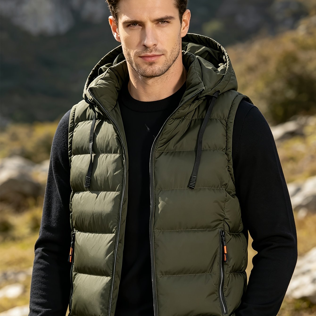 TEMU Men's Thickened Hooded Vest, Overlock Stitched Windproof Full-zip Sleeveless Waistcoat With Side Zipper Pockets, Autumn/winter Daily Outdoor